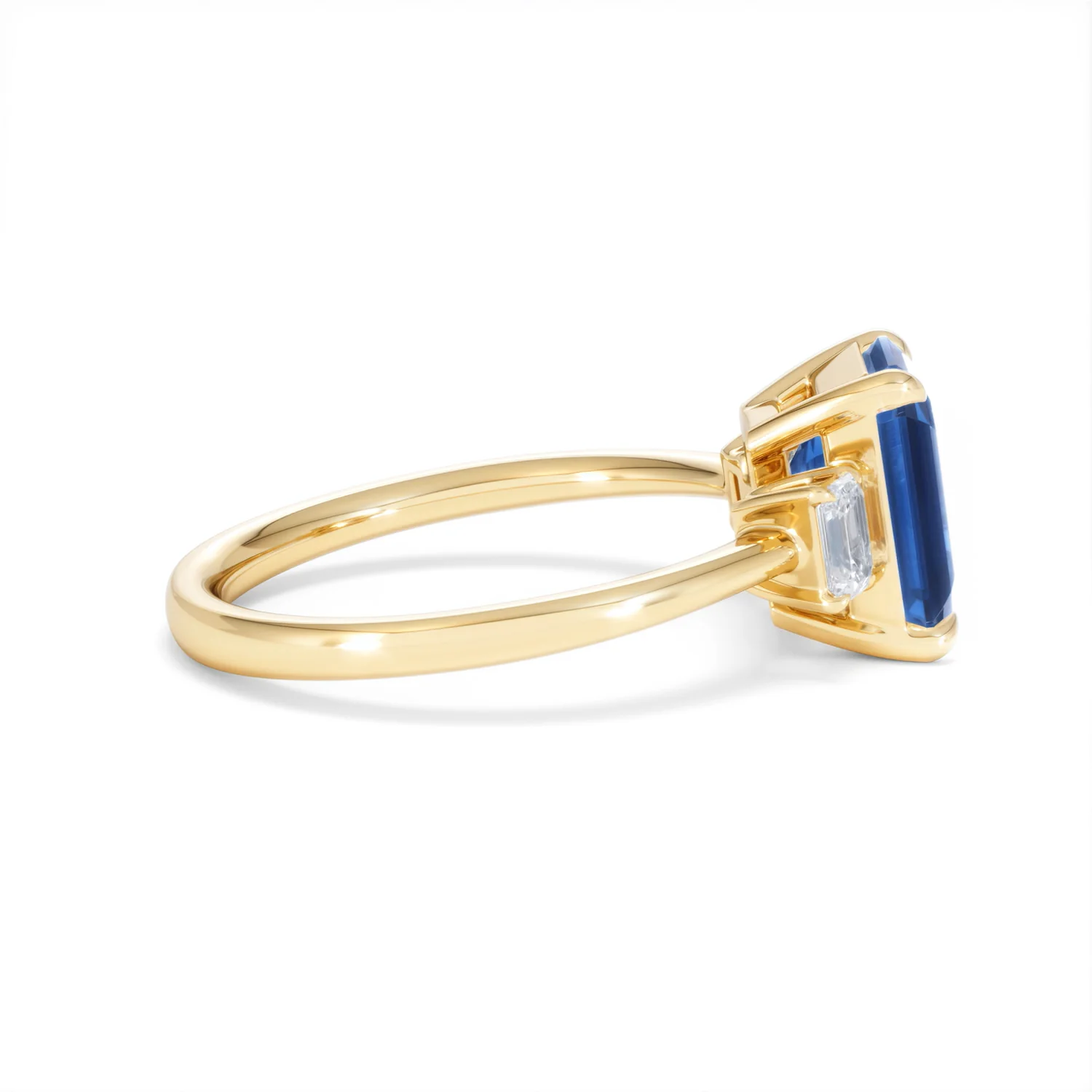 Solene 2.50ct Emerald Cut Lab Sapphire and Lab Diamond 3 Stone Engament Ring in 18K Yellow Gold - Image 29