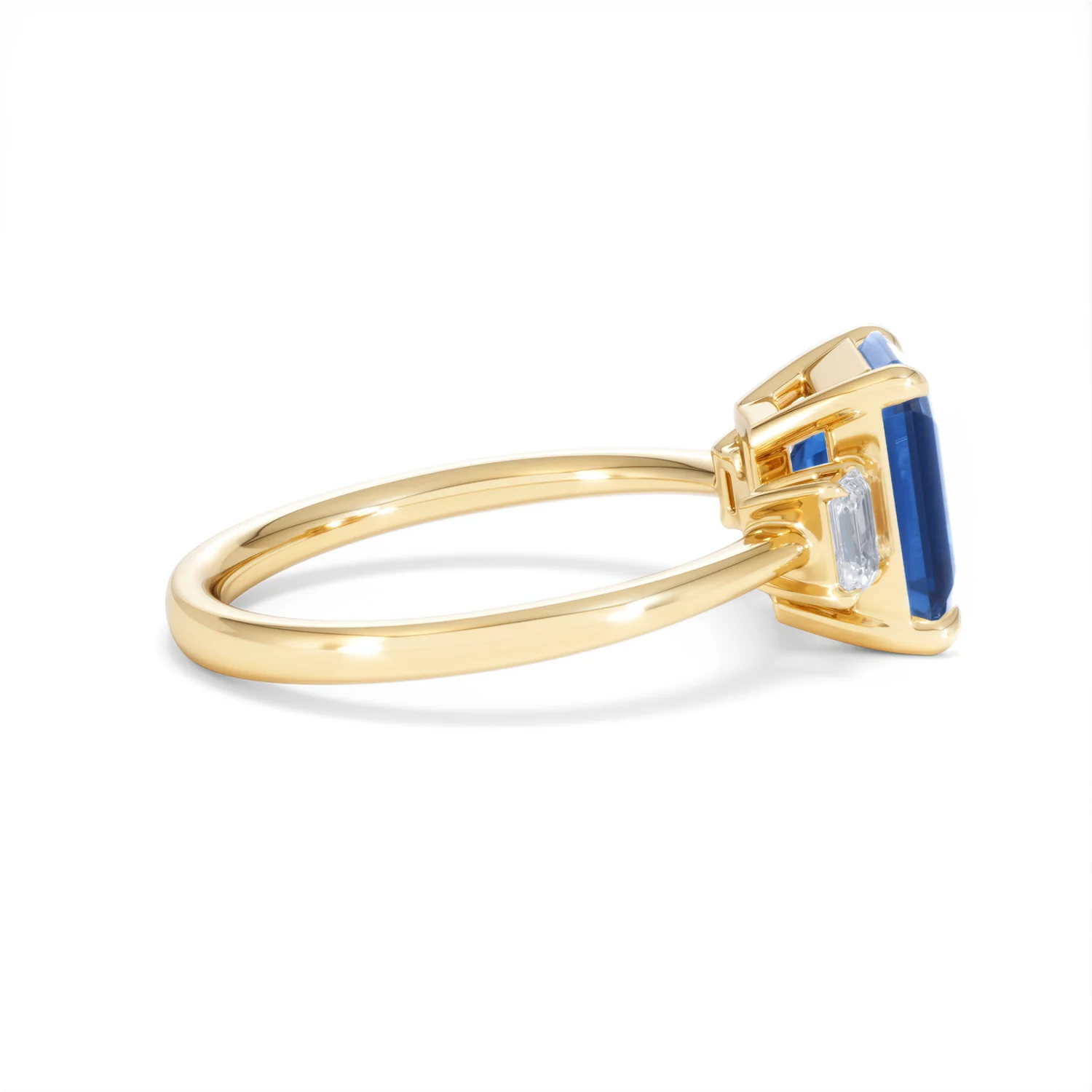 Solene 2.50ct Emerald Cut Lab Sapphire and Lab Diamond 3 Stone Engament Ring in 18K Yellow Gold - Image 30