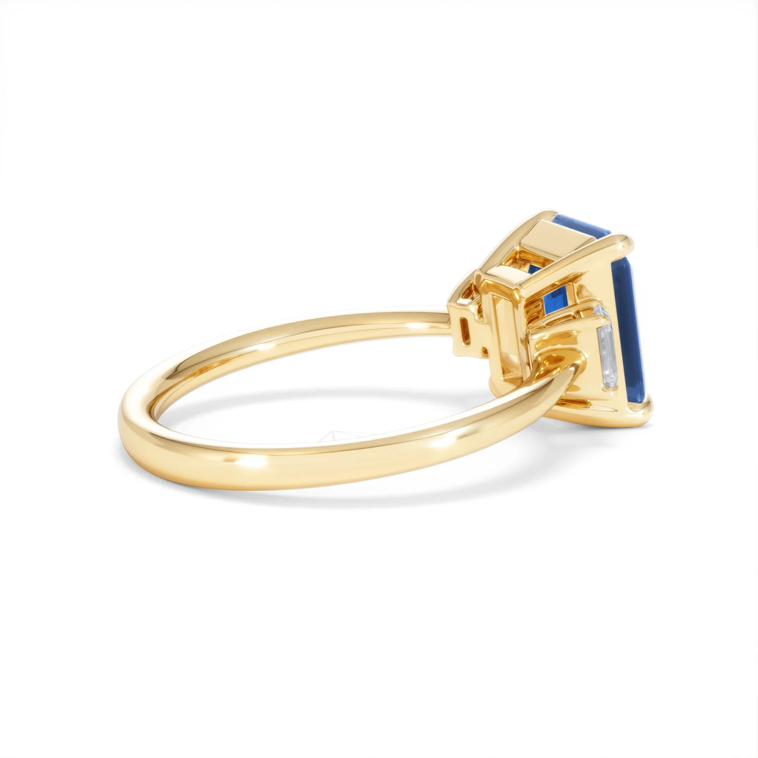 Solene 2.50ct Emerald Cut Lab Sapphire and Lab Diamond 3 Stone Engament Ring in 18K Yellow Gold - Image 35