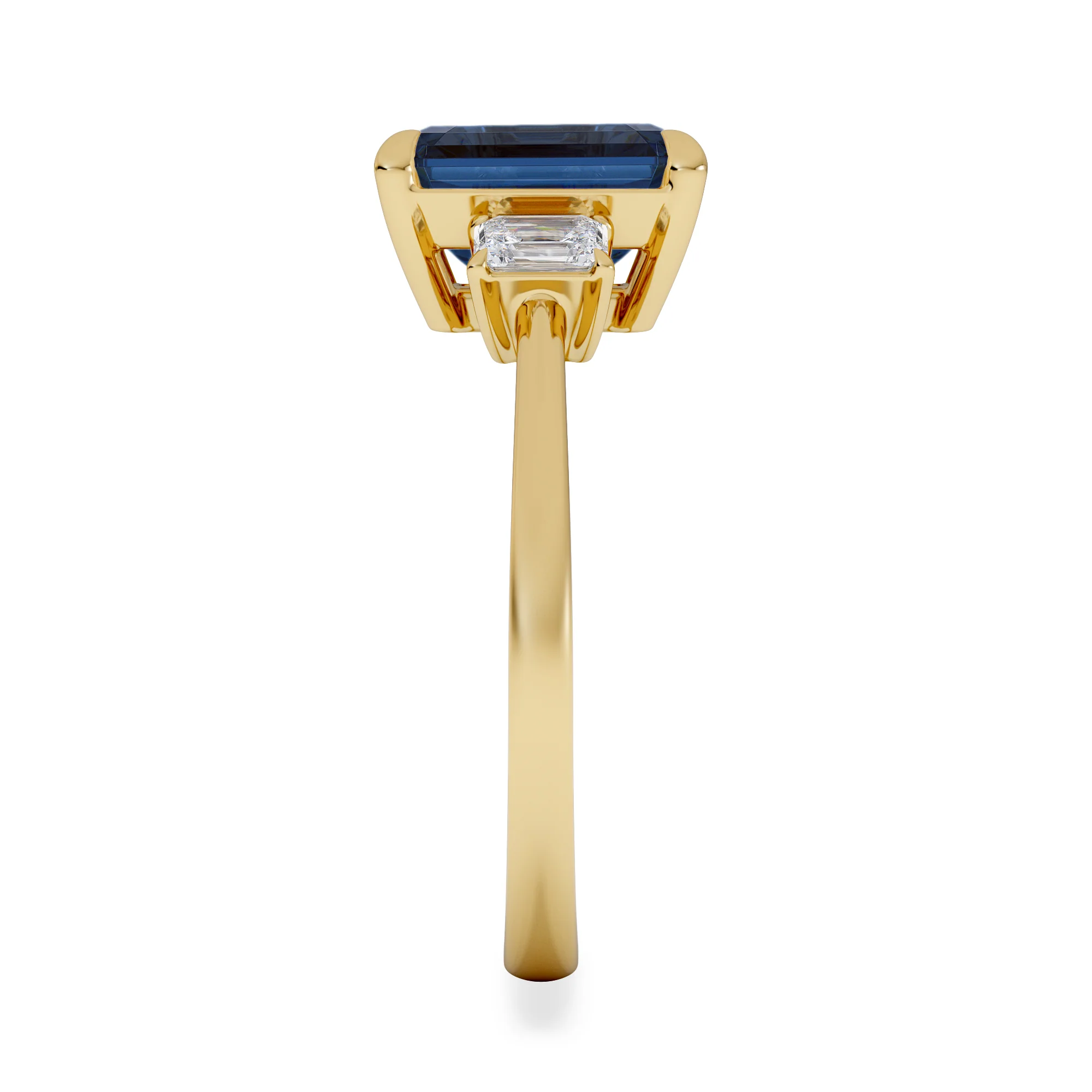 Solene 2.50ct Emerald Cut Lab Sapphire and Lab Diamond 3 Stone Engament Ring in 18K Yellow Gold - Image 5