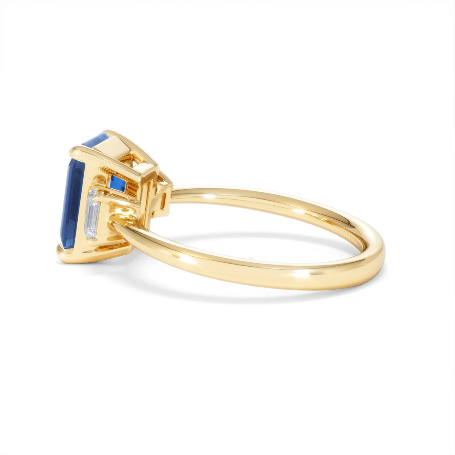 Solene 2.50ct Emerald Cut Lab Sapphire and Lab Diamond 3 Stone Engament Ring in 18K Yellow Gold - Image 65