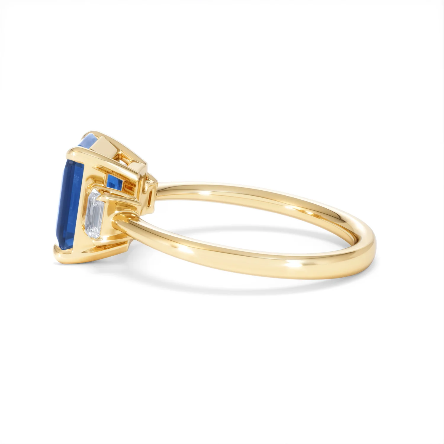 Solene 2.50ct Emerald Cut Lab Sapphire and Lab Diamond 3 Stone Engament Ring in 18K Yellow Gold - Image 67