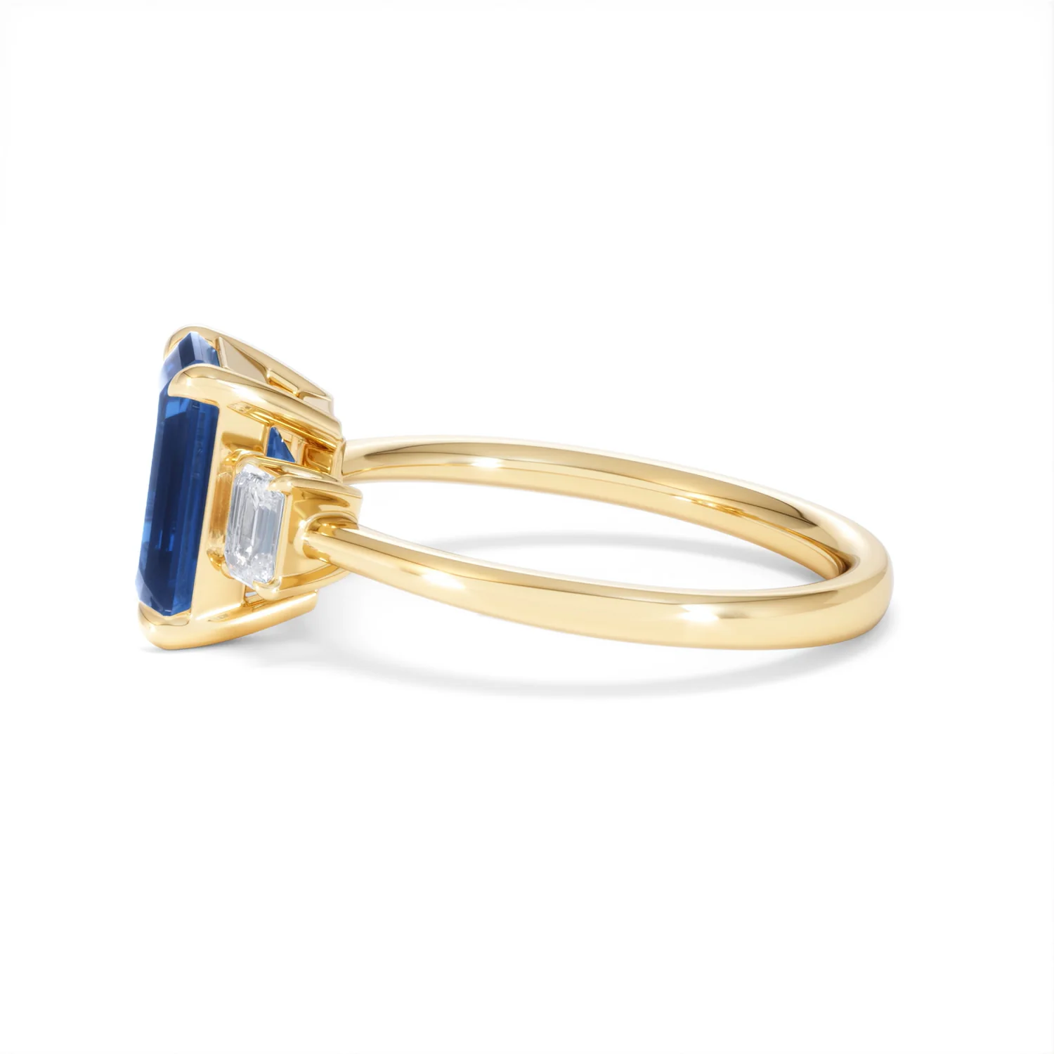 Solene 2.50ct Emerald Cut Lab Sapphire and Lab Diamond 3 Stone Engament Ring in 18K Yellow Gold - Image 70