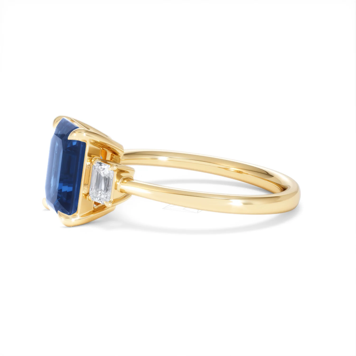 Solene 2.50ct Emerald Cut Lab Sapphire and Lab Diamond 3 Stone Engament Ring in 18K Yellow Gold - Image 73