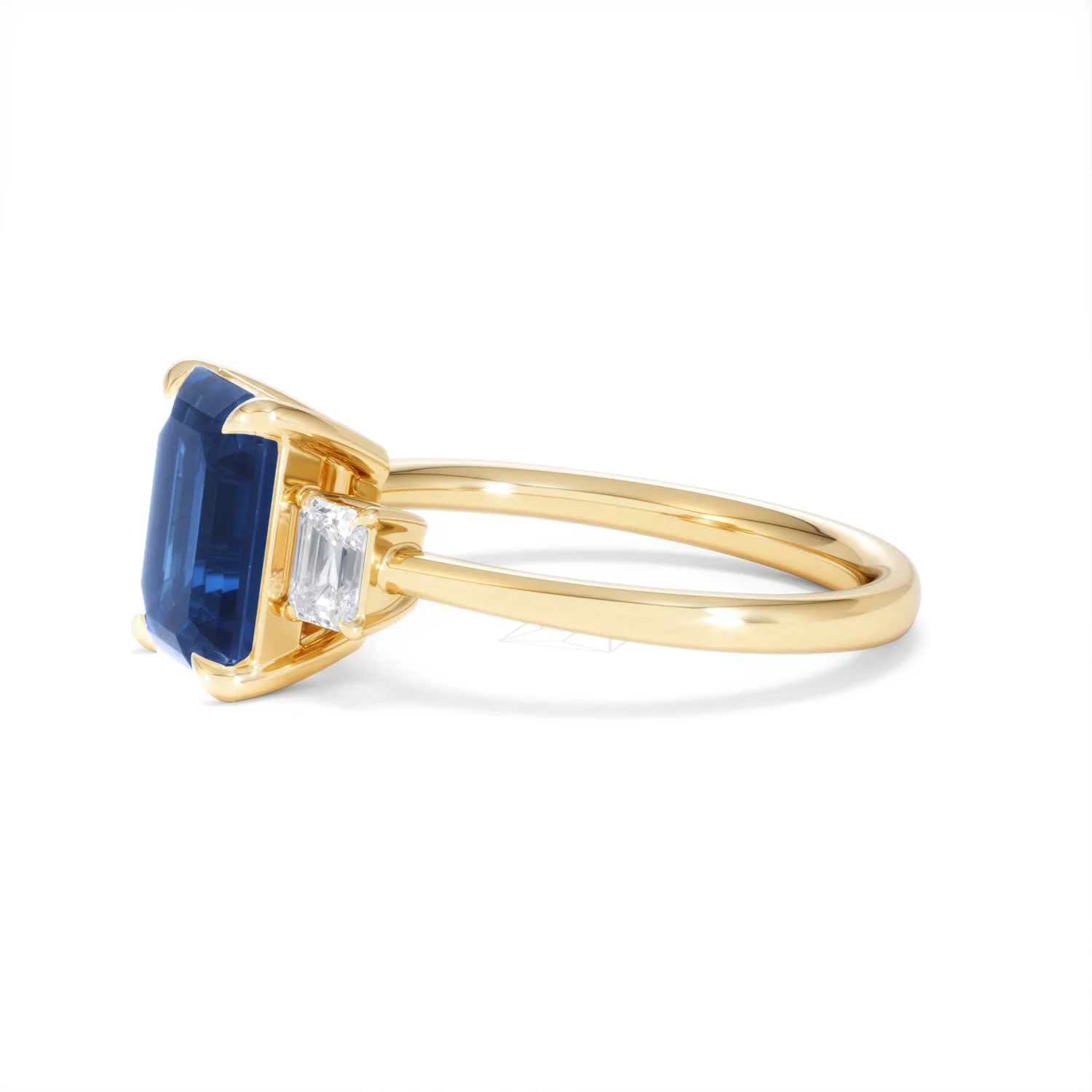 Solene 2.50ct Emerald Cut Lab Sapphire and Lab Diamond 3 Stone Engament Ring in 18K Yellow Gold - Image 74