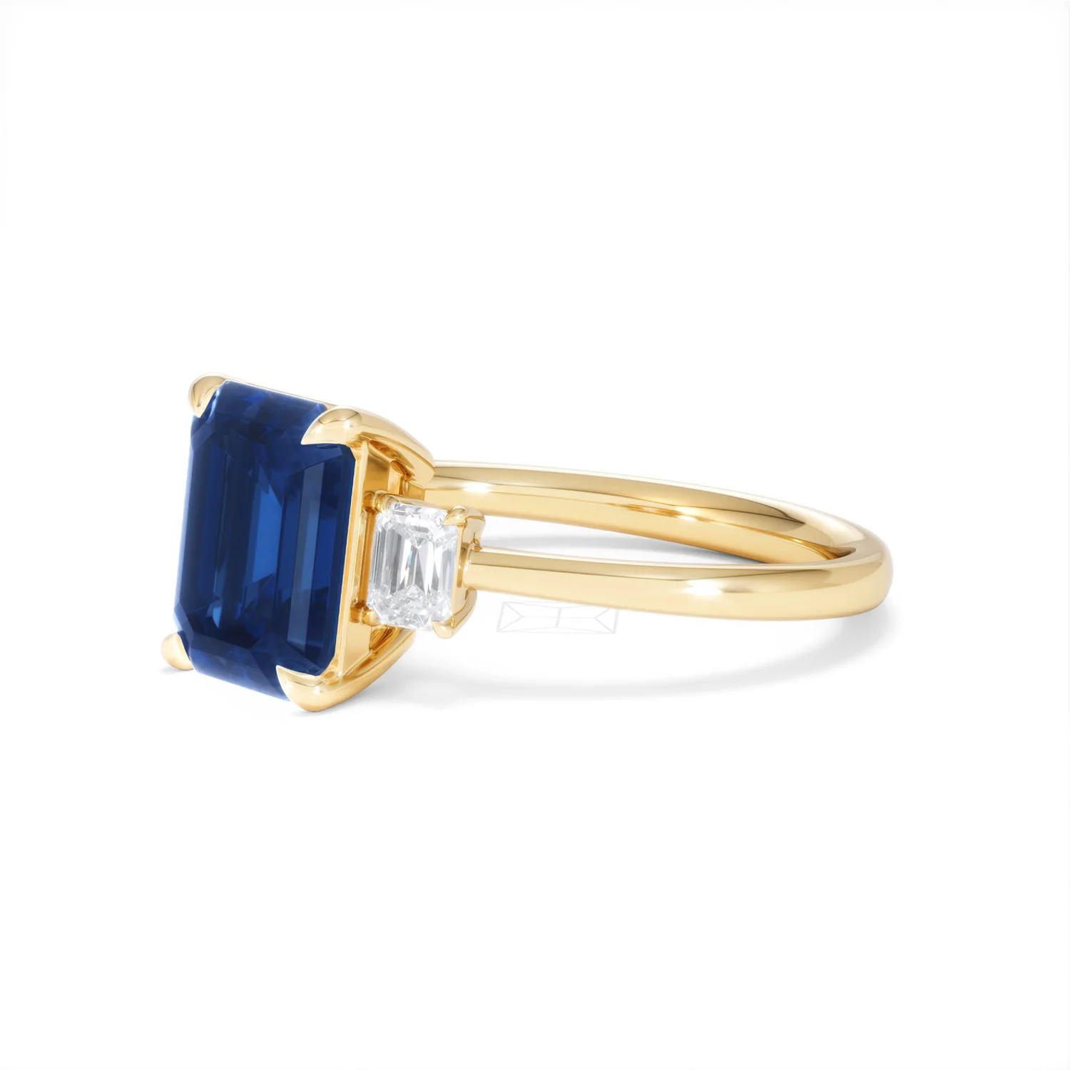 Solene 2.50ct Emerald Cut Lab Sapphire and Lab Diamond 3 Stone Engament Ring in 18K Yellow Gold - Image 78