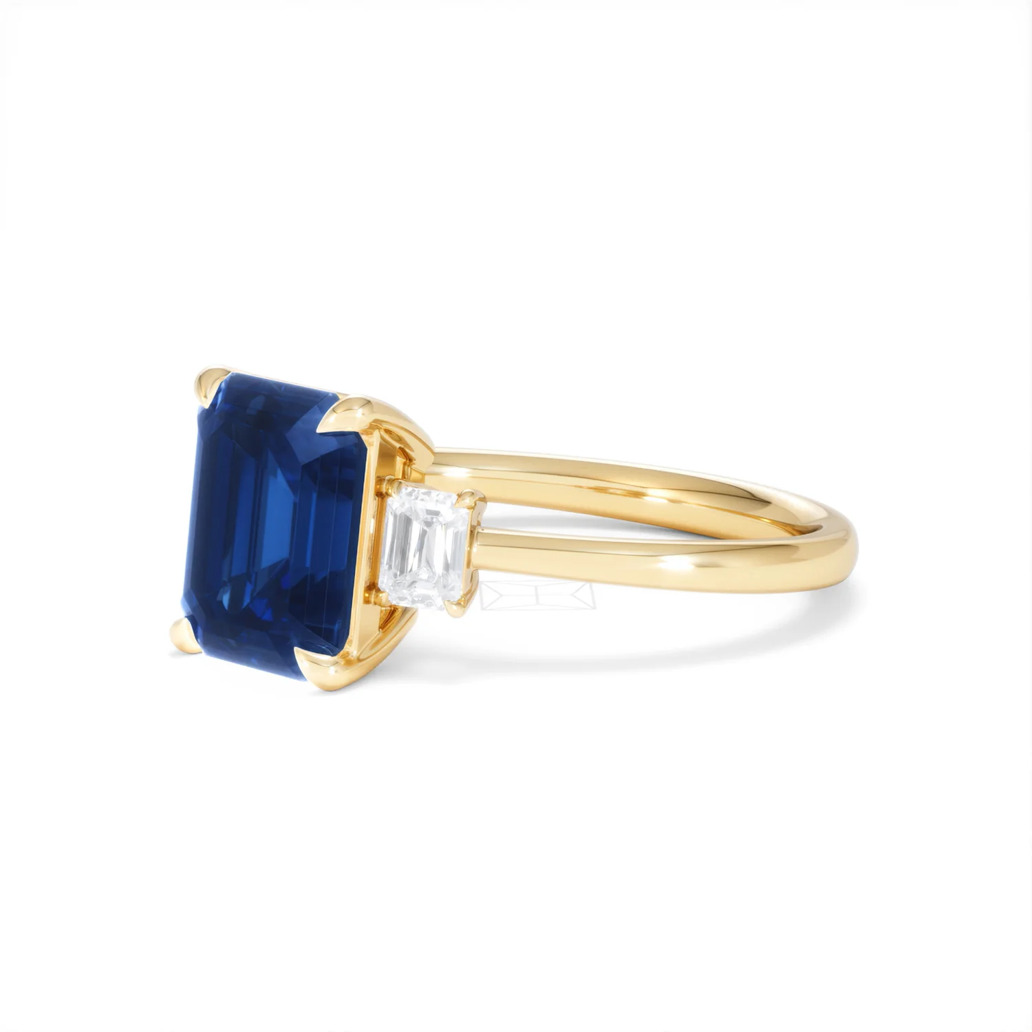 Solene 2.50ct Emerald Cut Lab Sapphire and Lab Diamond 3 Stone Engament Ring in 18K Yellow Gold - Image 79
