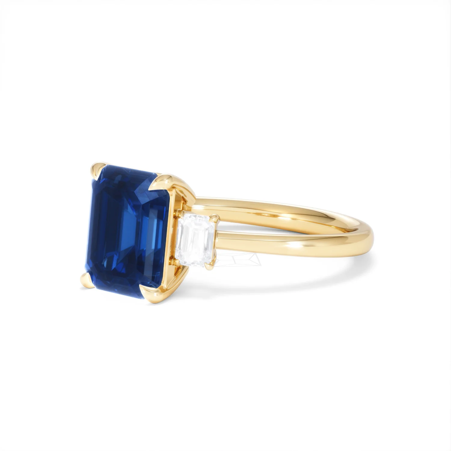 Solene 2.50ct Emerald Cut Lab Sapphire and Lab Diamond 3 Stone Engament Ring in 18K Yellow Gold - Image 80