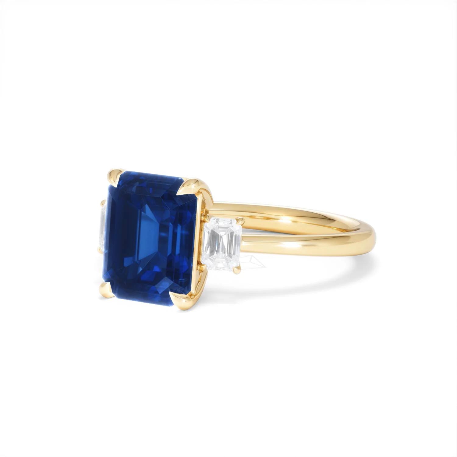 Solene 2.50ct Emerald Cut Lab Sapphire and Lab Diamond 3 Stone Engament Ring in 18K Yellow Gold - Image 82