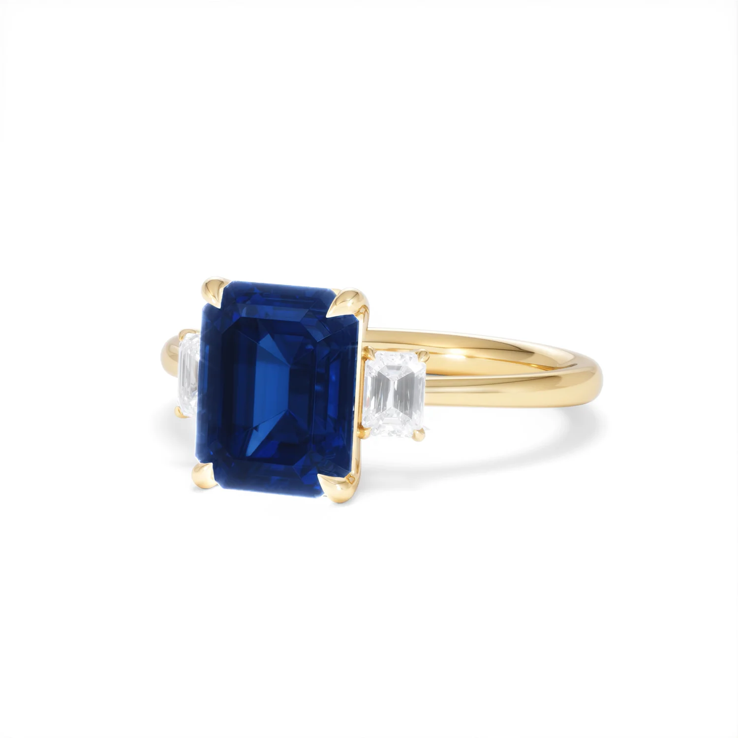 Solene 2.50ct Emerald Cut Lab Sapphire and Lab Diamond 3 Stone Engament Ring in 18K Yellow Gold - Image 84