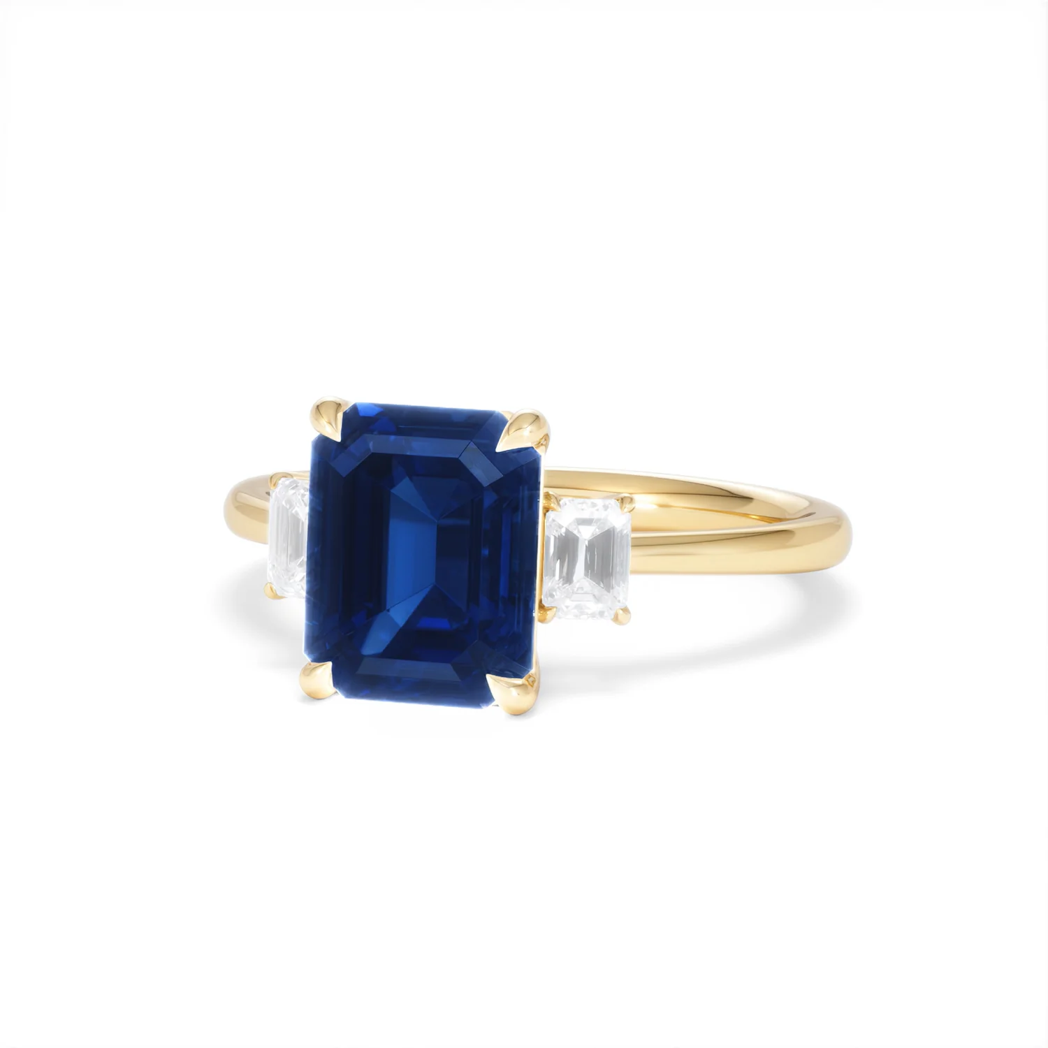 Solene 2.50ct Emerald Cut Lab Sapphire and Lab Diamond 3 Stone Engament Ring in 18K Yellow Gold - Image 85