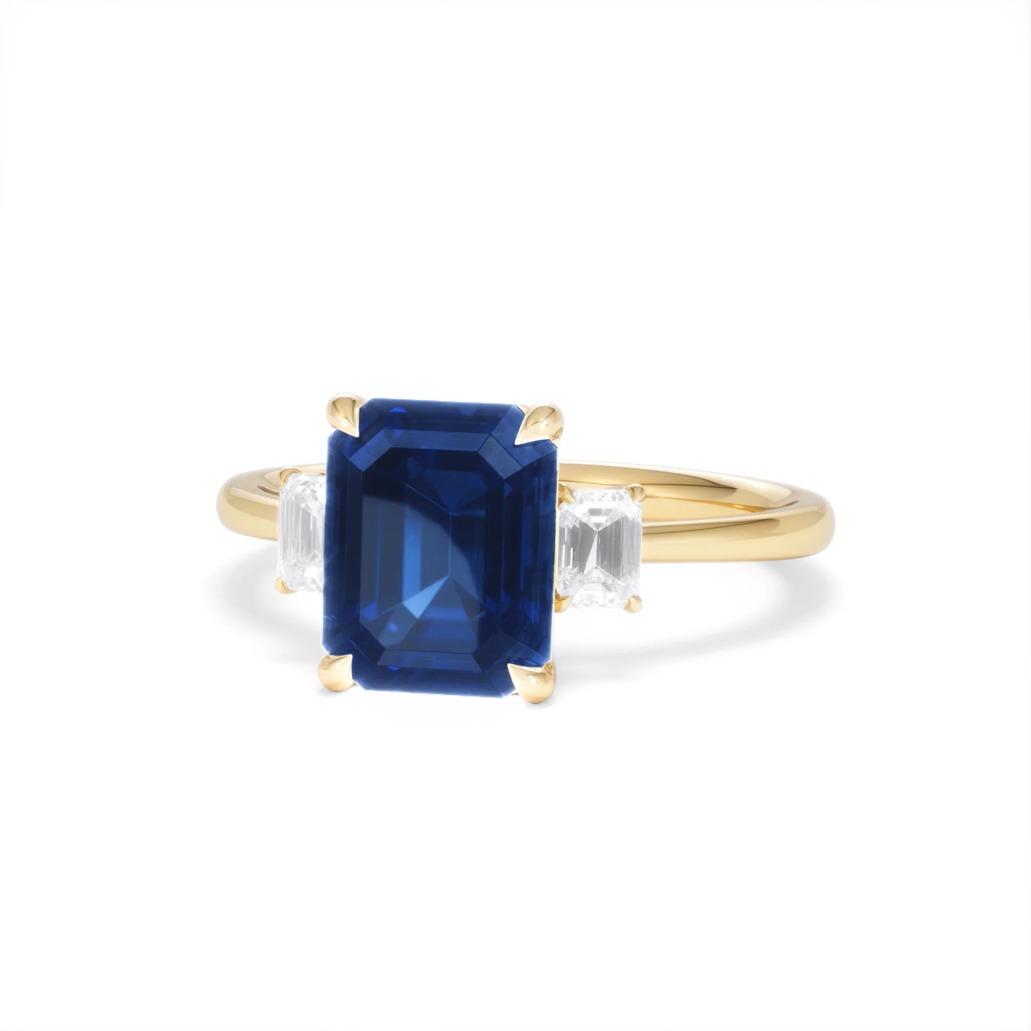 Solene 2.50ct Emerald Cut Lab Sapphire and Lab Diamond 3 Stone Engament Ring in 18K Yellow Gold - Image 86