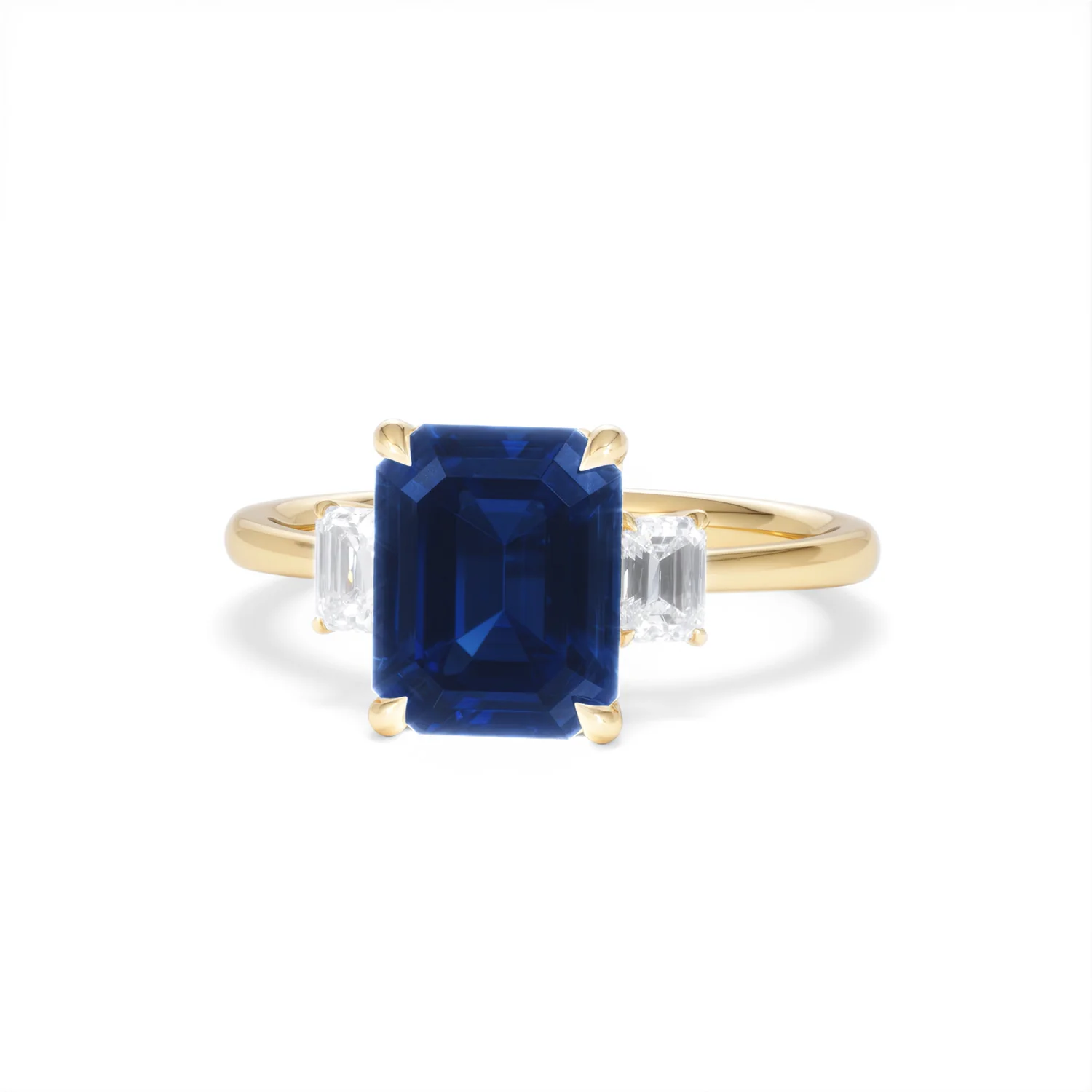 Solene 2.50ct Emerald Cut Lab Sapphire and Lab Diamond 3 Stone Engament Ring in 18K Yellow Gold - Image 87