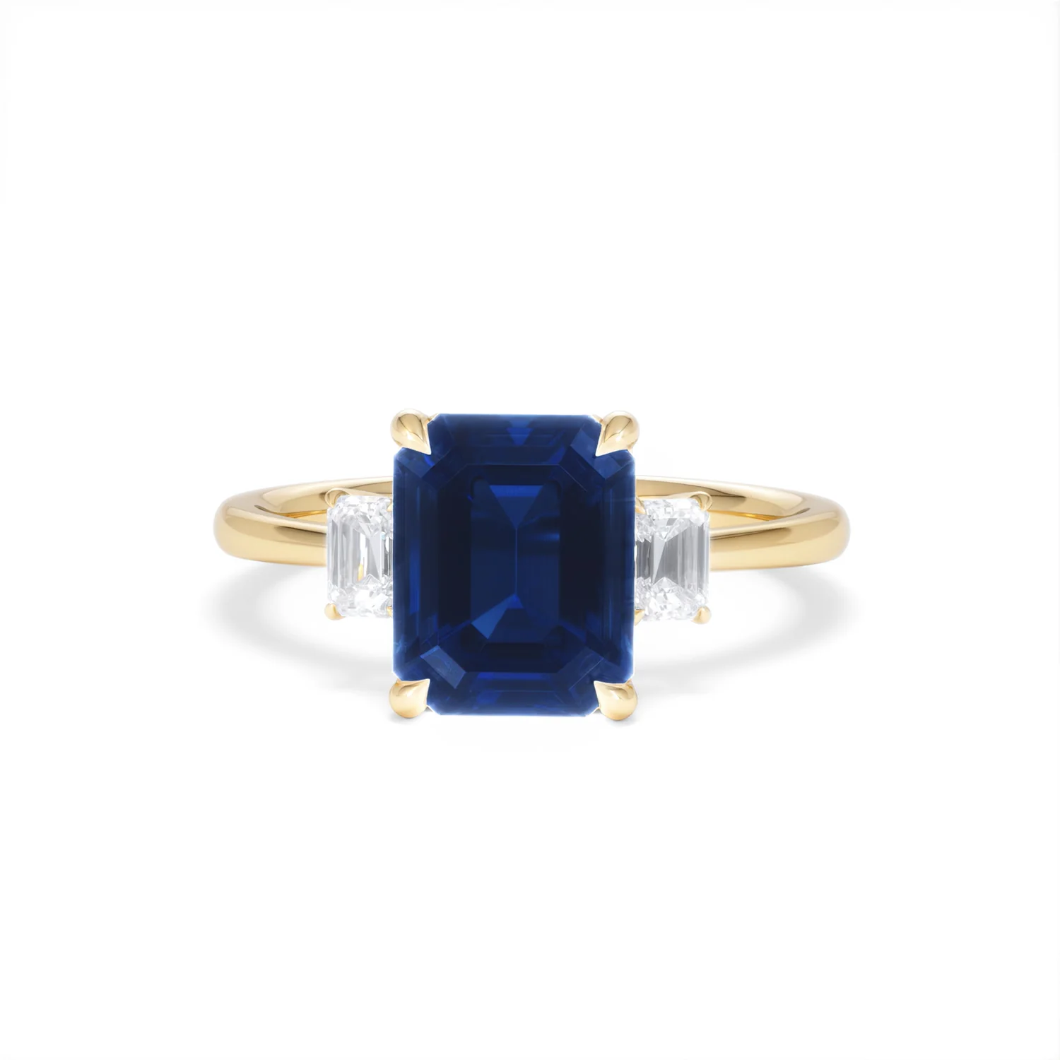 Solene 2.50ct Emerald Cut Lab Sapphire and Lab Diamond 3 Stone Engament Ring in 18K Yellow Gold - Image 88