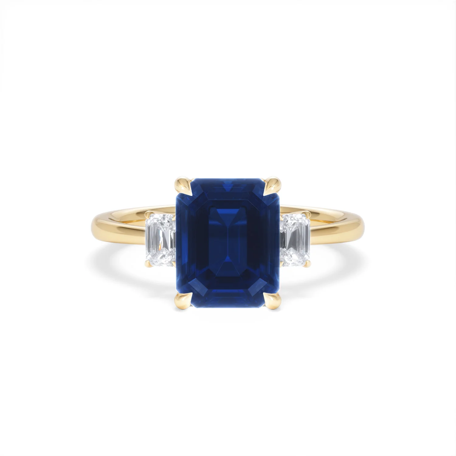 Solene 2.50ct Emerald Cut Lab Sapphire and Lab Diamond 3 Stone Engament Ring in 18K Yellow Gold - Image 9