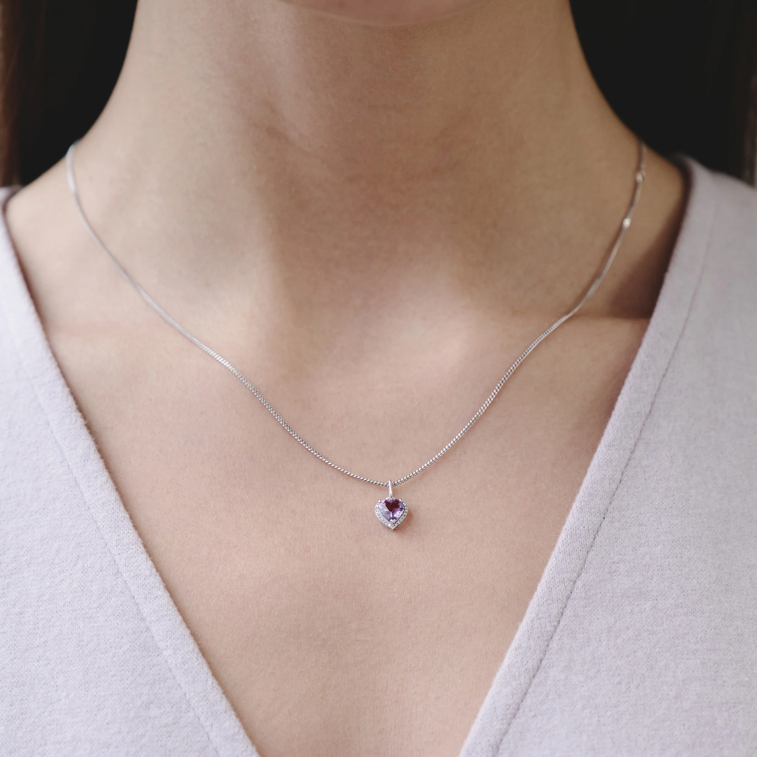 Stellato Amethyst and Diamond Heart Necklace in 9K White Gold - Image 2