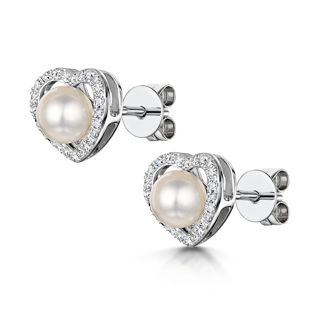 Stellato Collection Pearl and Diamond Heart Earrings in 9K White Gold - Image 3