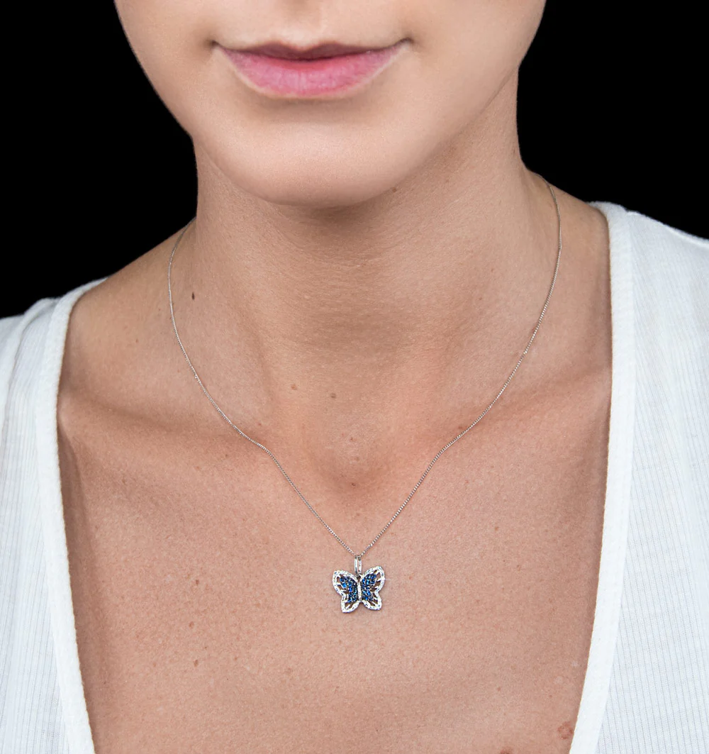 Stellato Sapphire and Diamond Butterfly Pendant Necklace 9K White Gold - Image 2