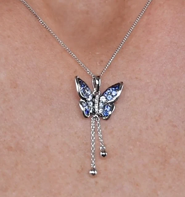Stellato Sapphire Diamond Butterfly Pendant Necklace 9K White Gold - Image 3