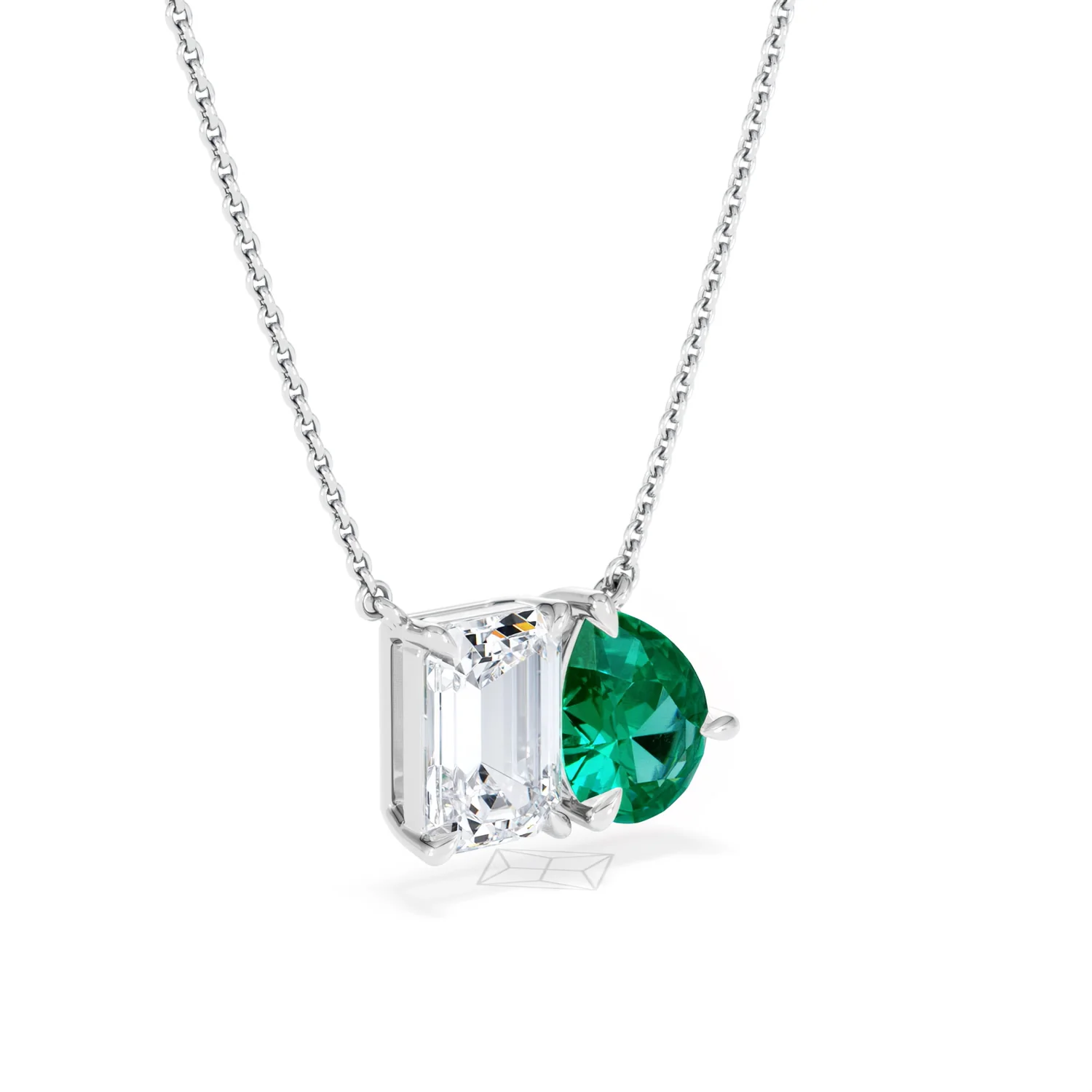 Toi Et Moi 1.50ct Emerald Cut Lab Diamond and 1.30ct Pear Lab Emerald Necklace in 18K White Gold - Image 17
