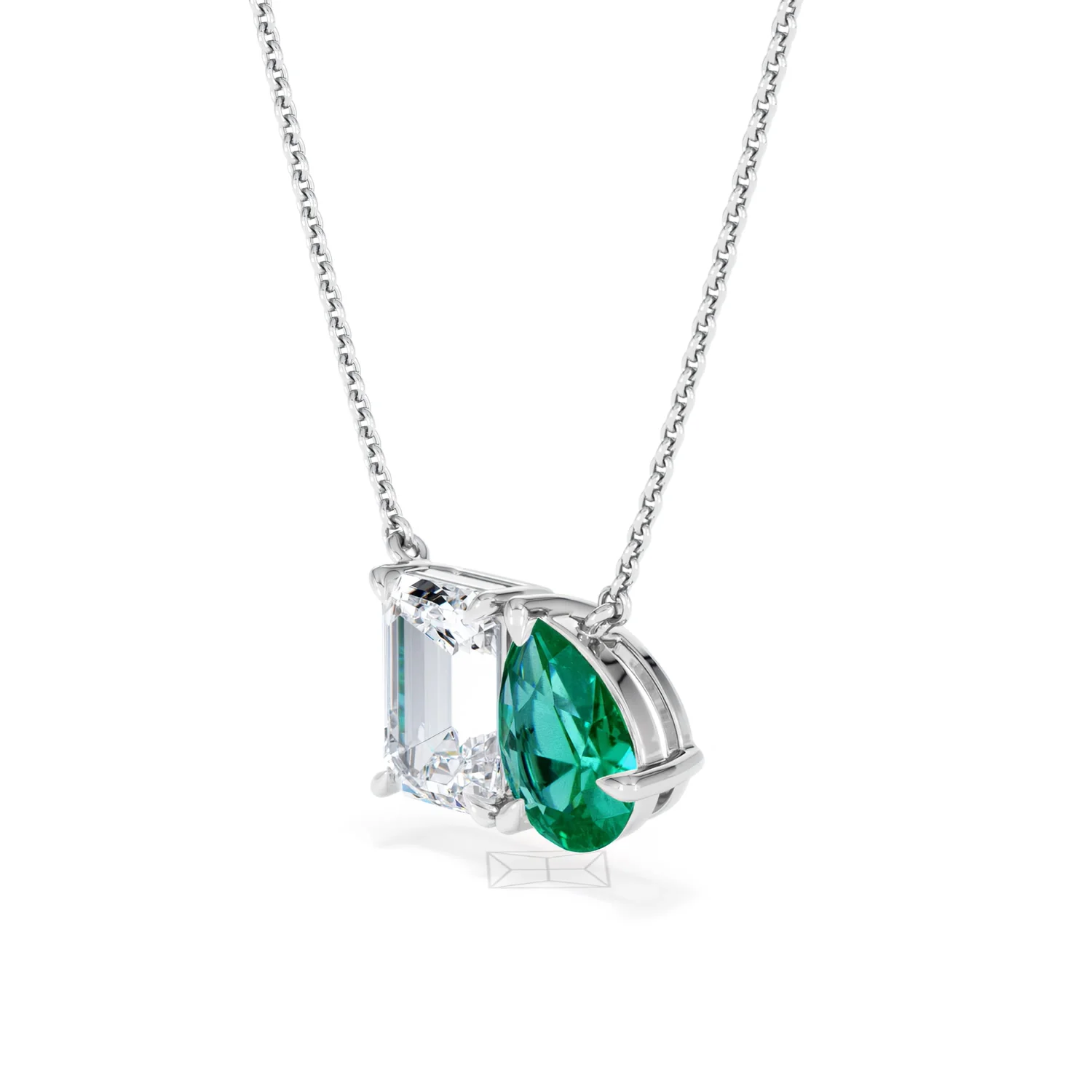 Toi Et Moi 1.50ct Emerald Cut Lab Diamond and 1.30ct Pear Lab Emerald Necklace in 18K White Gold - Image 79