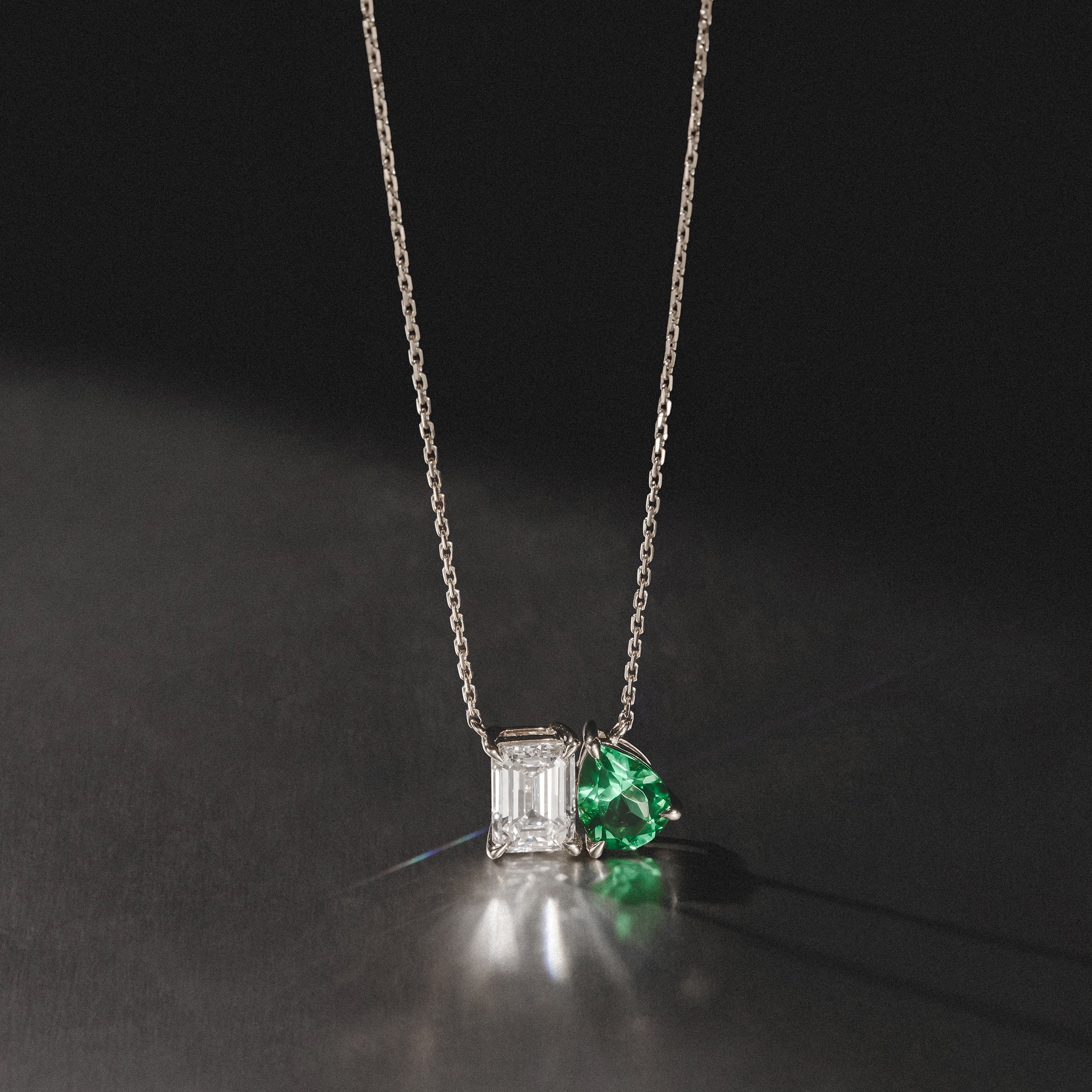 Toi Et Moi 1.50ct Emerald Cut Lab Diamond and 1.30ct Pear Lab Emerald Necklace in 18K White Gold - Image 8