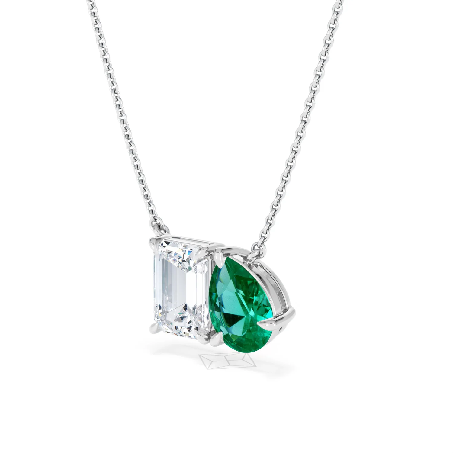 Toi Et Moi 1.50ct Emerald Cut Lab Diamond and 1.30ct Pear Lab Emerald Necklace in 18K White Gold - Image 81