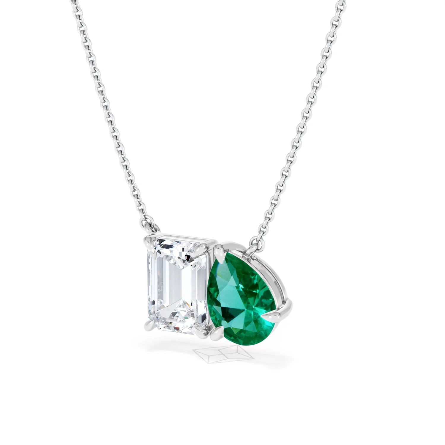 Toi Et Moi 1.50ct Emerald Cut Lab Diamond and 1.30ct Pear Lab Emerald Necklace in 18K White Gold - Image 83