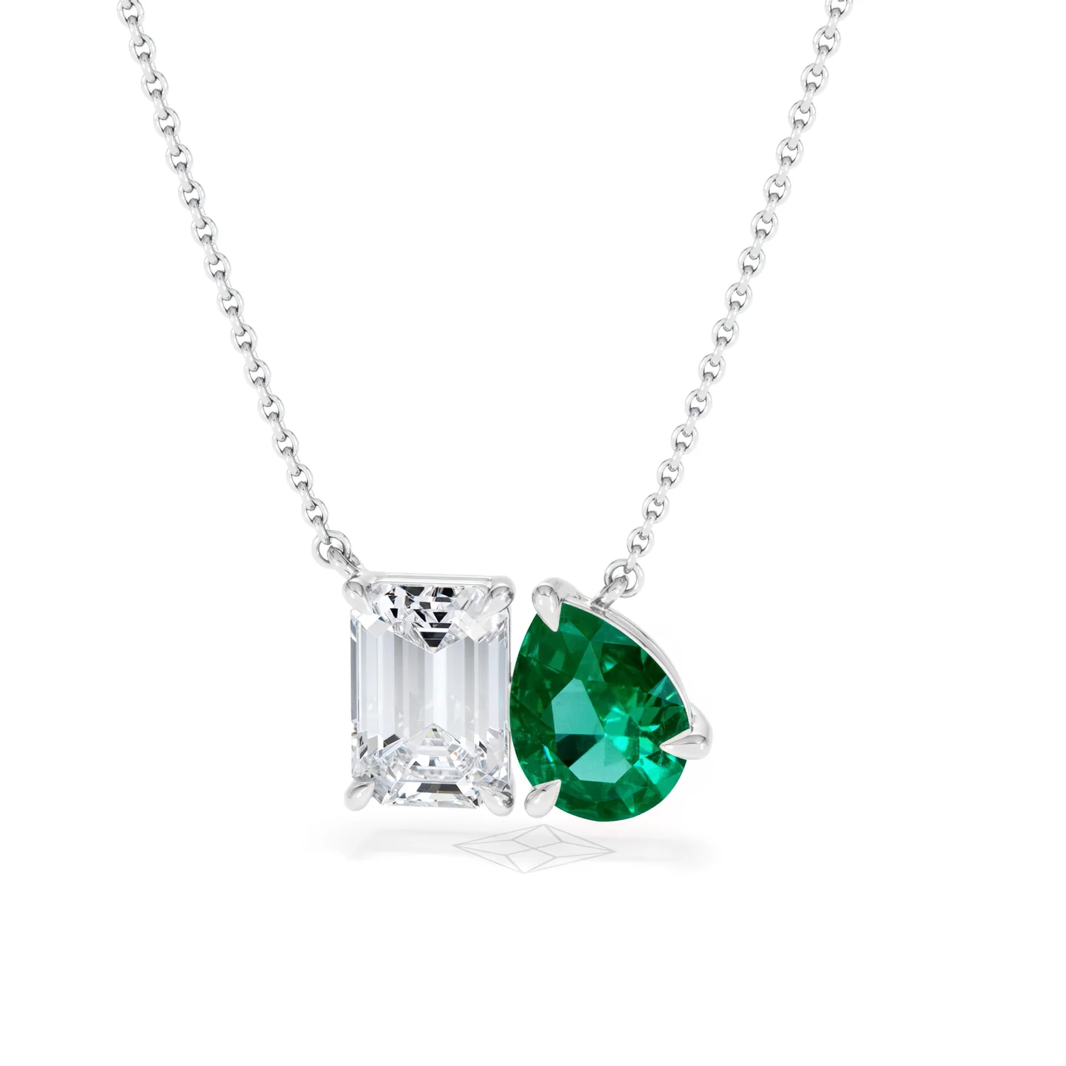 Toi Et Moi 1.50ct Emerald Cut Lab Diamond and 1.30ct Pear Lab Emerald Necklace in 18K White Gold - Image 87