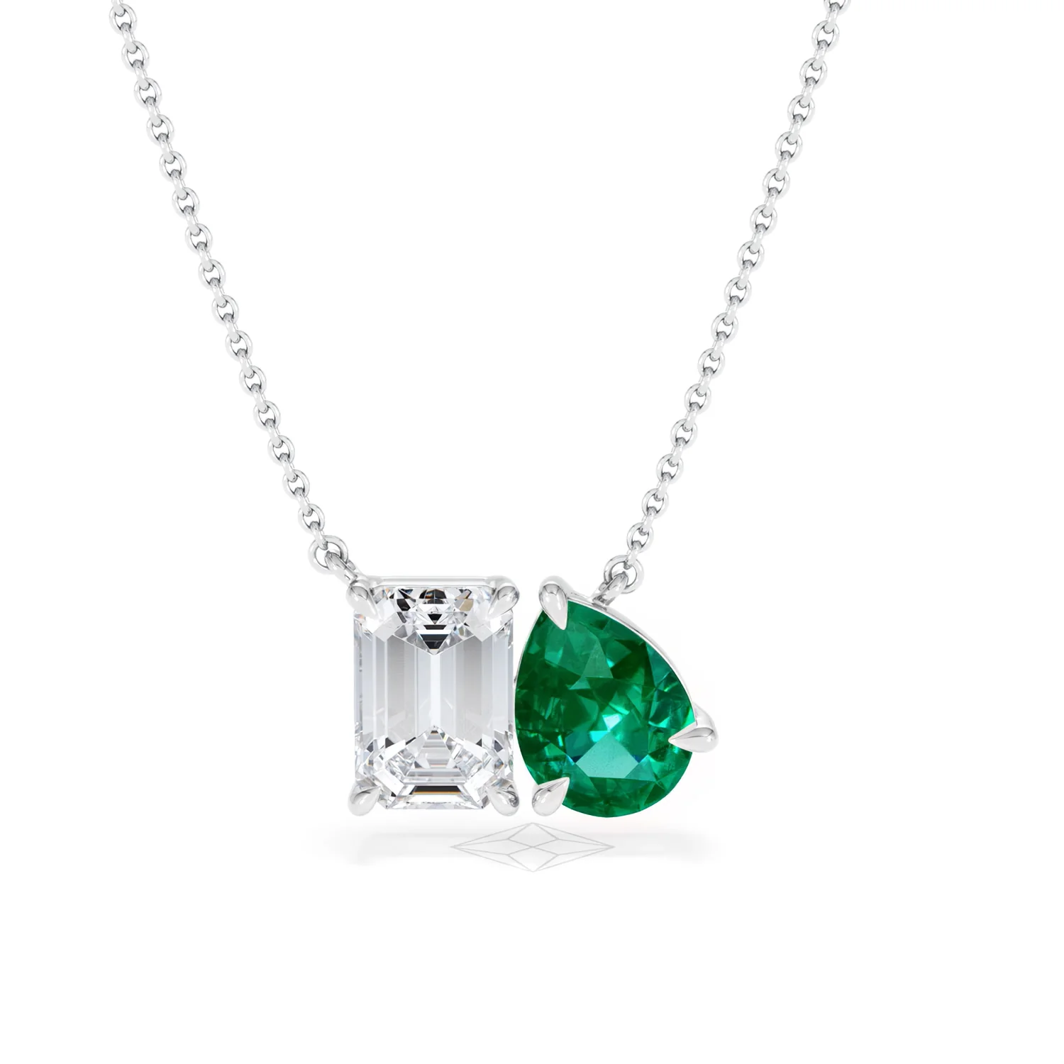 Toi Et Moi 1.50ct Emerald Cut Lab Diamond and 1.30ct Pear Lab Emerald Necklace in 18K White Gold - Image 9