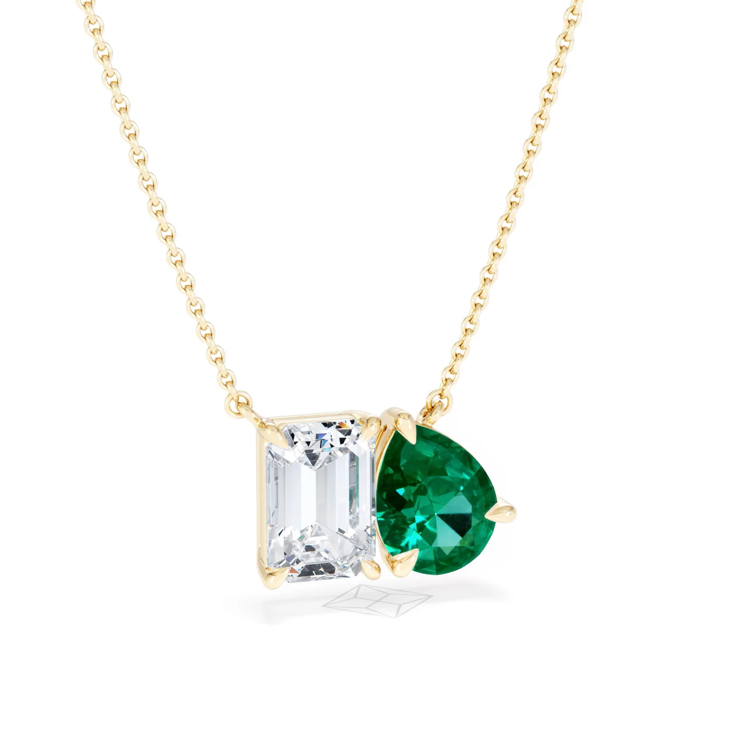Toi Et Moi 1.50ct Emerald Cut Lab Diamond and 1.30ct Pear Lab Emerald Necklace in 18K Yellow Gold - Image 13