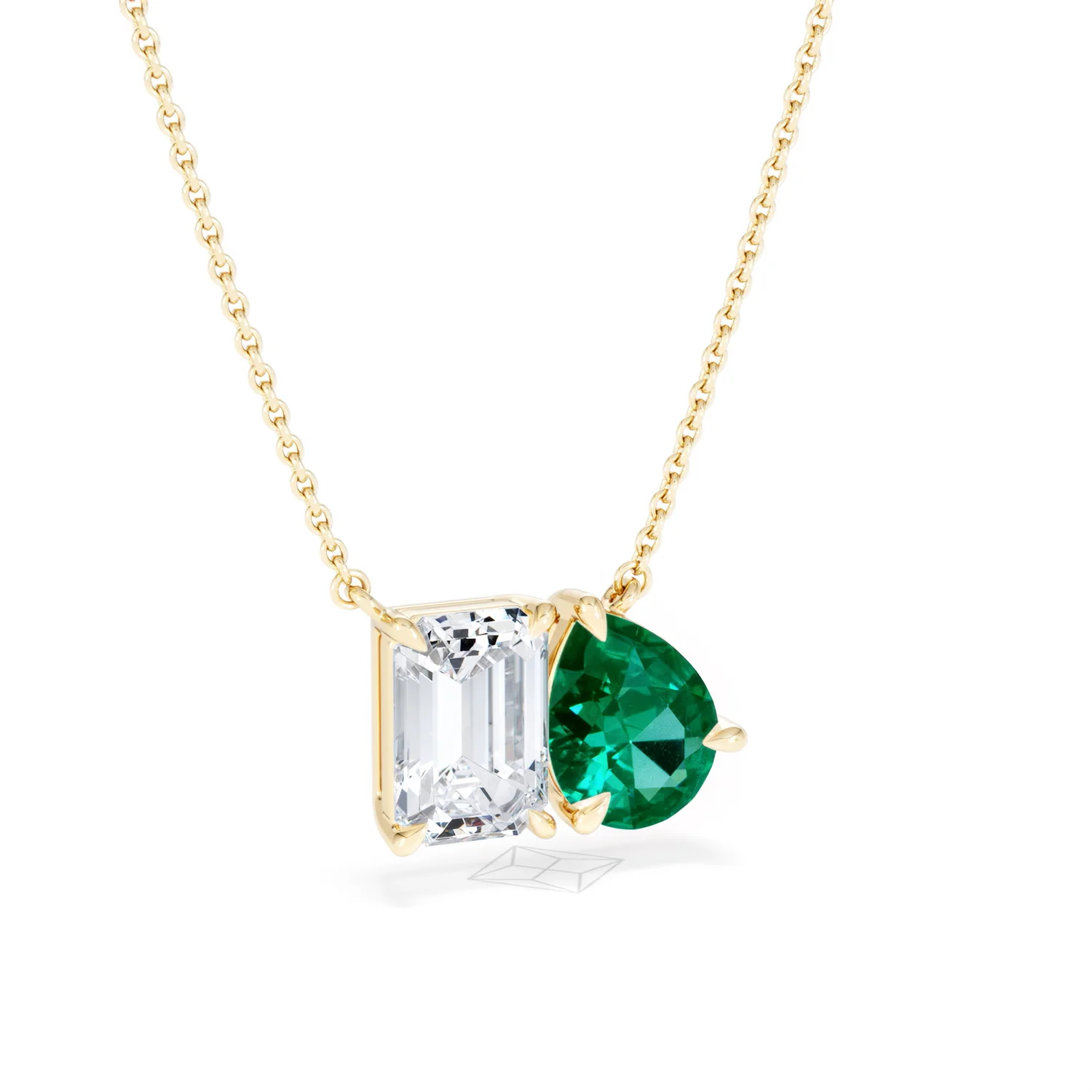 Toi Et Moi 1.50ct Emerald Cut Lab Diamond and 1.30ct Pear Lab Emerald Necklace in 18K Yellow Gold - Image 14