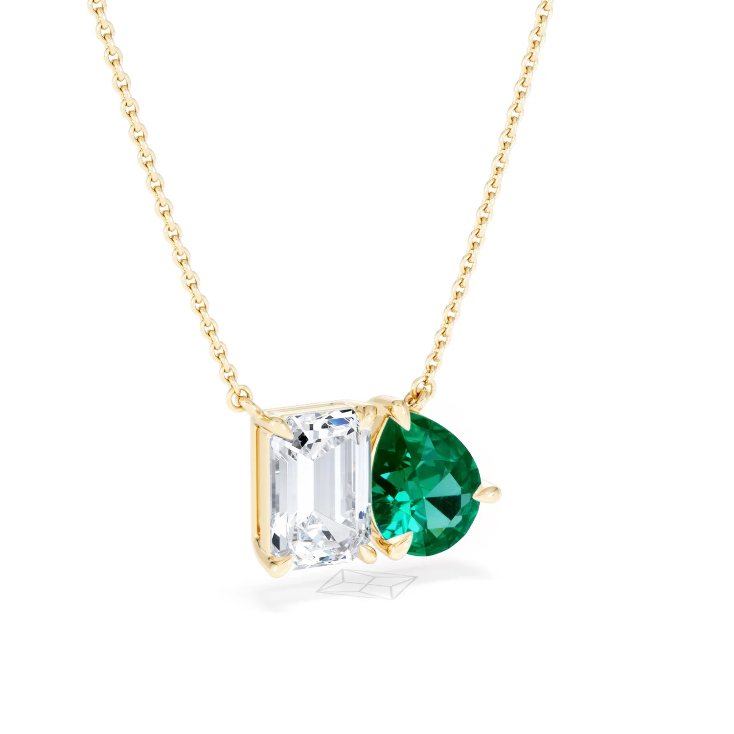 Toi Et Moi 1.50ct Emerald Cut Lab Diamond and 1.30ct Pear Lab Emerald Necklace in 18K Yellow Gold - Image 15