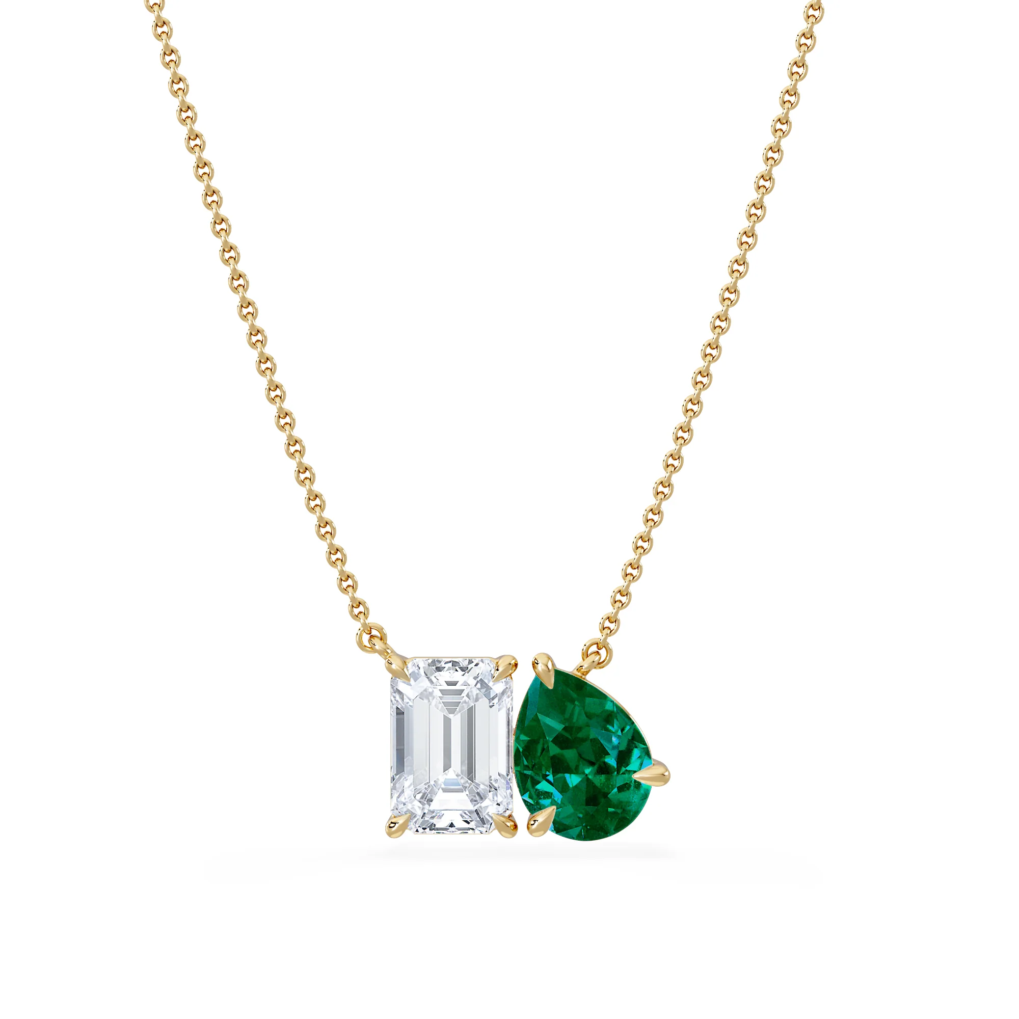 Toi Et Moi 1.50ct Emerald Cut Lab Diamond and 1.30ct Pear Lab Emerald Necklace in 18K Yellow Gold - Image 3