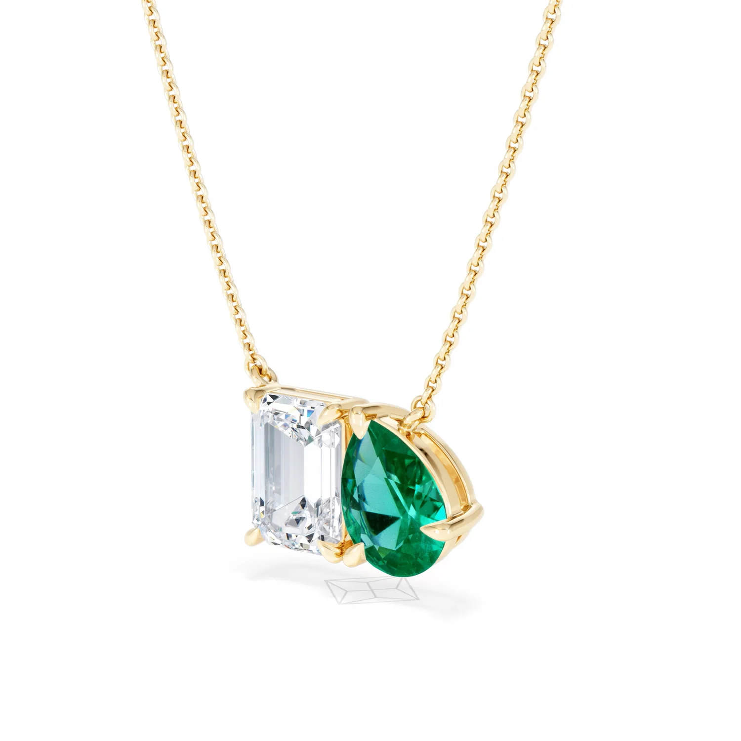 Toi Et Moi 1.50ct Emerald Cut Lab Diamond and 1.30ct Pear Lab Emerald Necklace in 18K Yellow Gold - Image 81