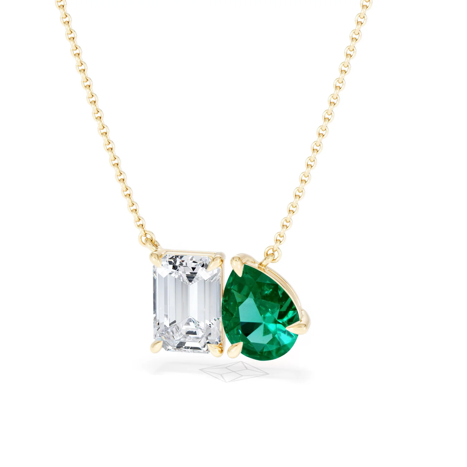 Toi Et Moi 1.50ct Emerald Cut Lab Diamond and 1.30ct Pear Lab Emerald Necklace in 18K Yellow Gold - Image 86