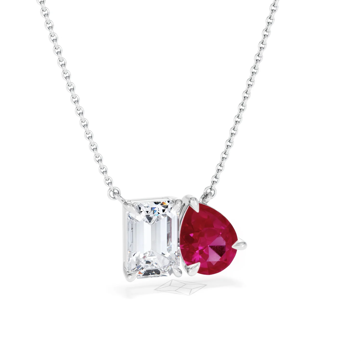 Toi Et Moi 1.50ct Emerald Cut Lab Diamond and 1.30ct Pear Lab Ruby Necklace in 18K White Gold - Image 13