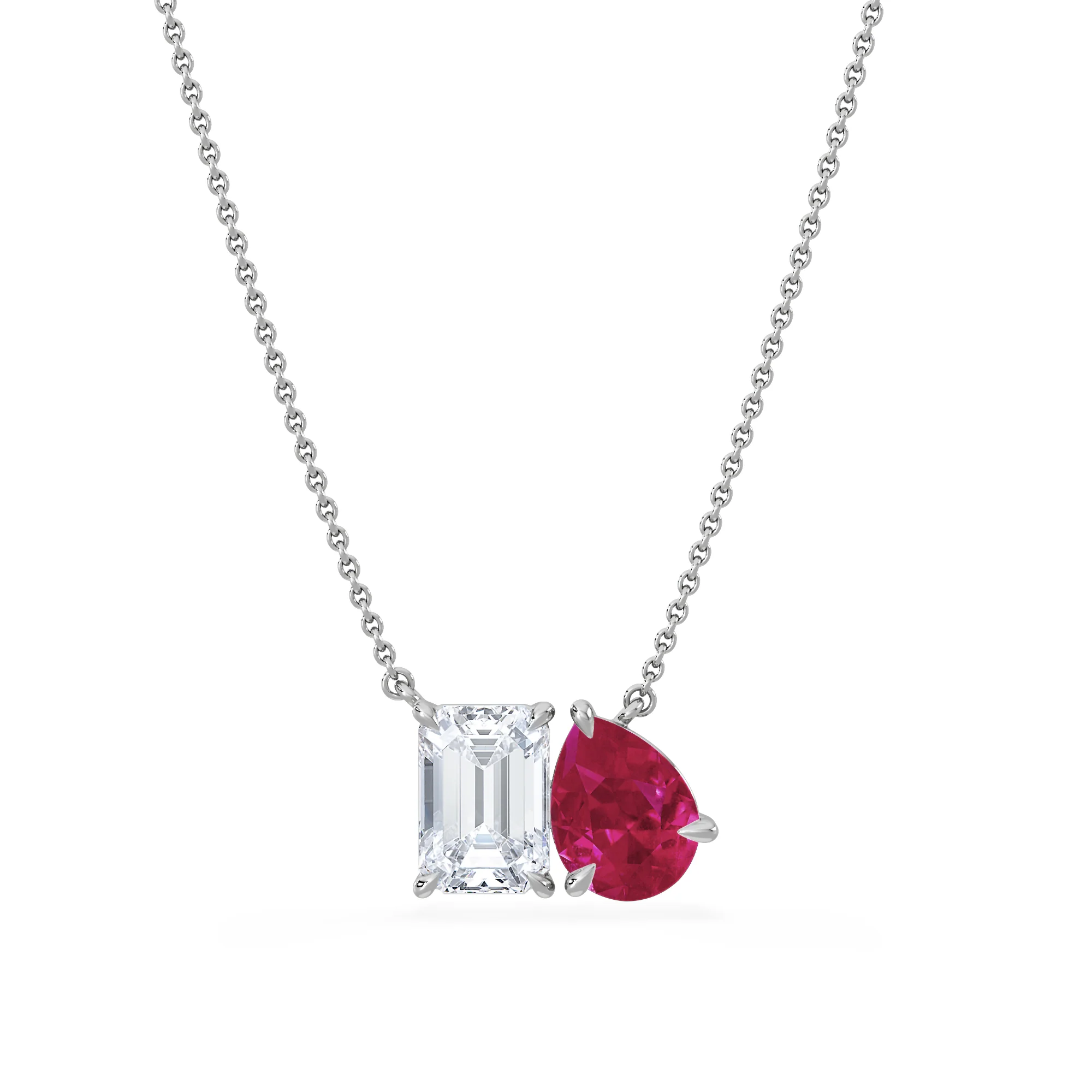 Toi Et Moi 1.50ct Emerald Cut Lab Diamond and 1.30ct Pear Lab Ruby Necklace in 18K White Gold - Image 3