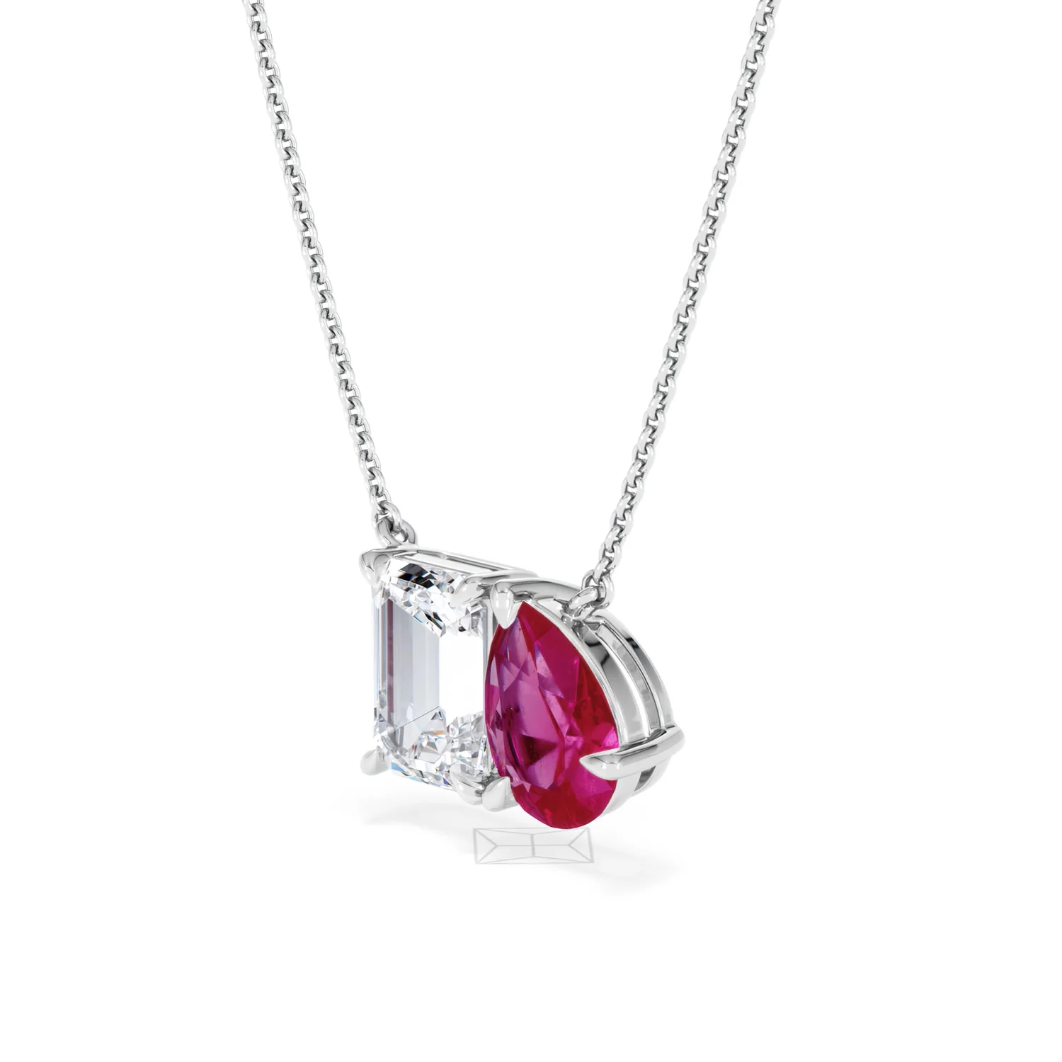 Toi Et Moi 1.50ct Emerald Cut Lab Diamond and 1.30ct Pear Lab Ruby Necklace in 18K White Gold - Image 79