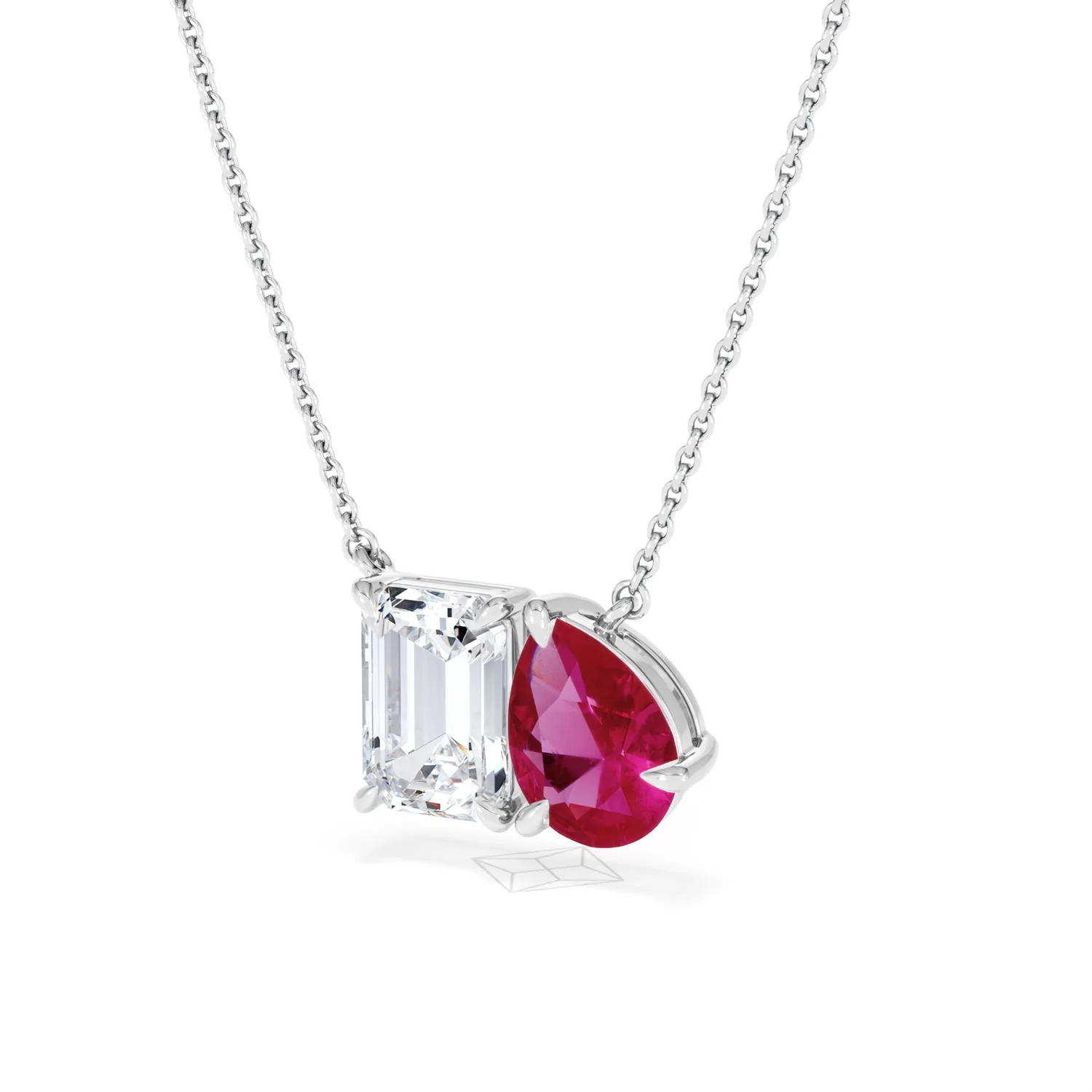 Toi Et Moi 1.50ct Emerald Cut Lab Diamond and 1.30ct Pear Lab Ruby Necklace in 18K White Gold - Image 83
