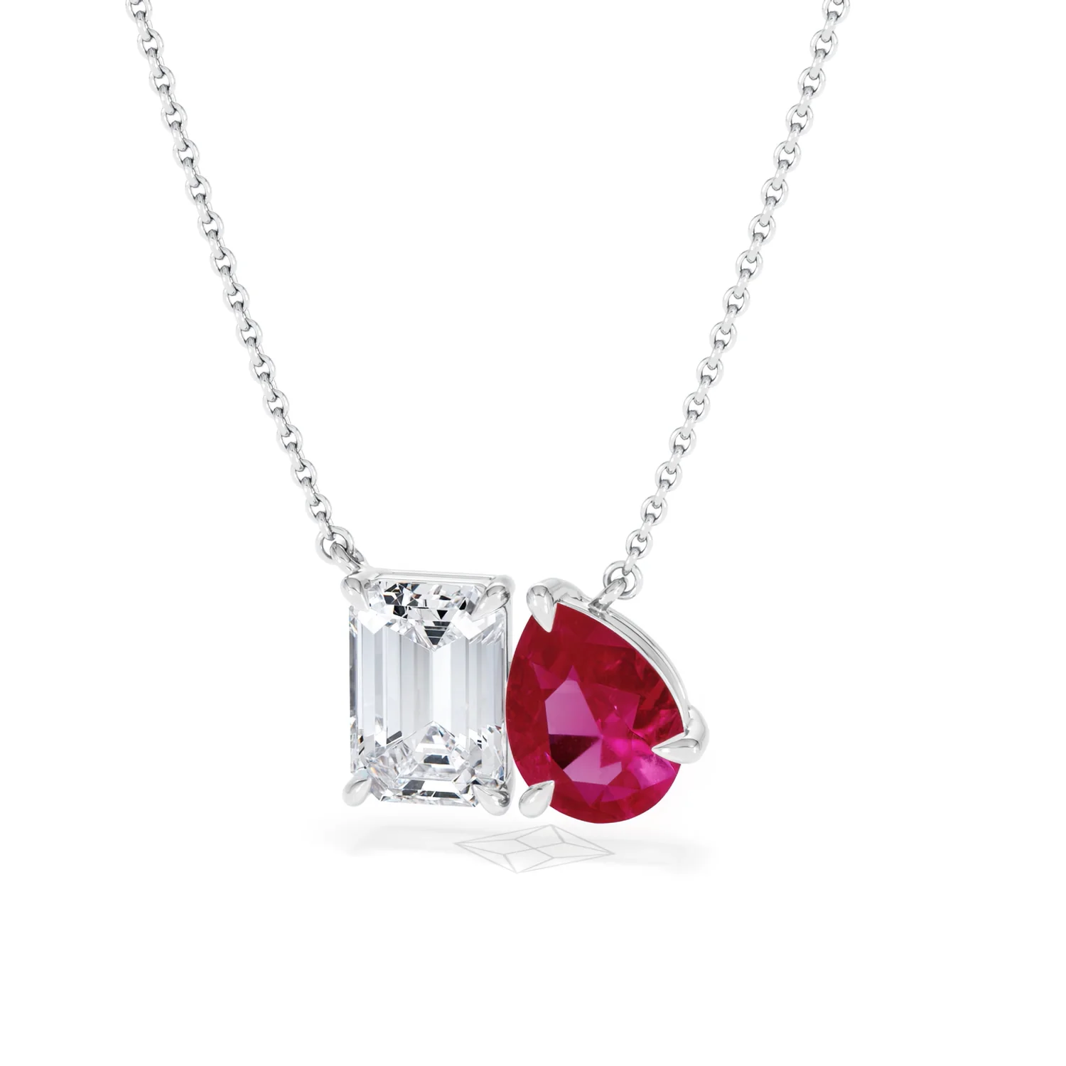 Toi Et Moi 1.50ct Emerald Cut Lab Diamond and 1.30ct Pear Lab Ruby Necklace in 18K White Gold - Image 86