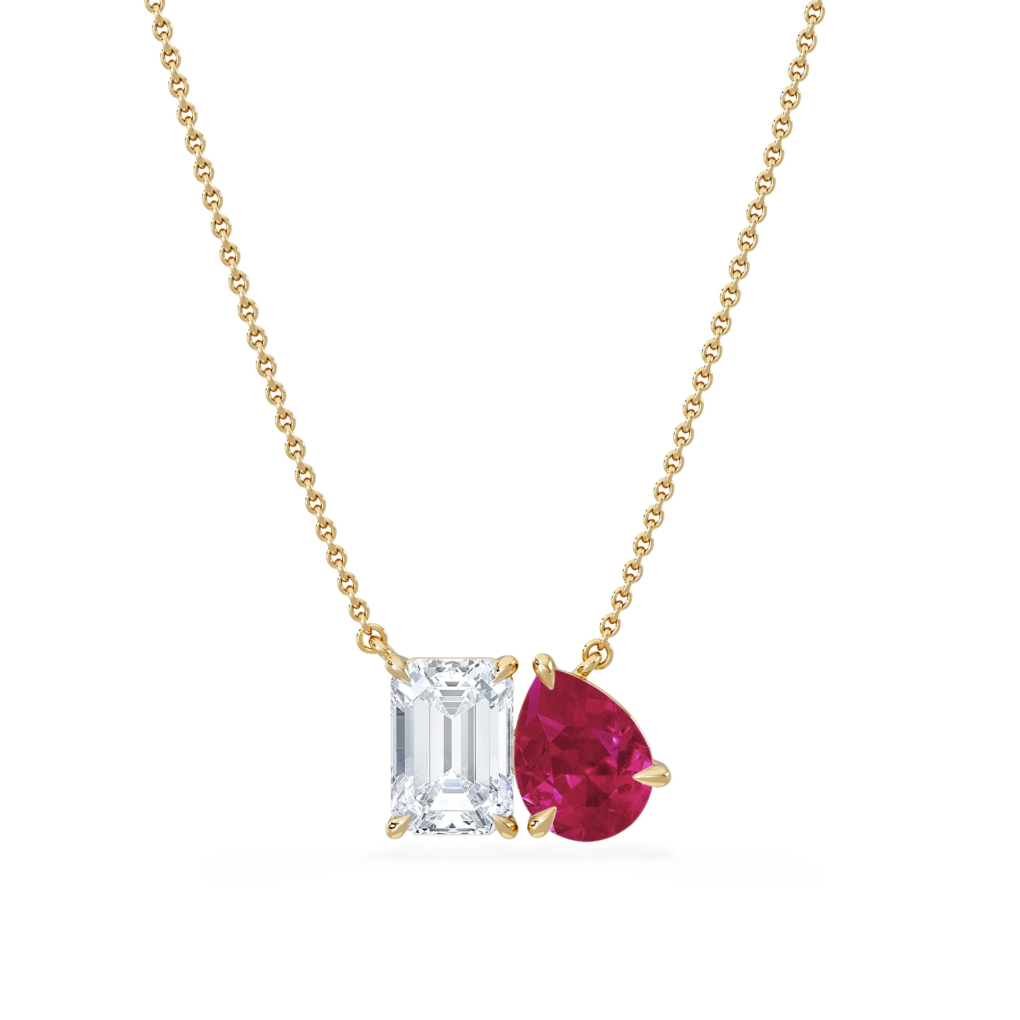 Toi Et Moi 1.50ct Emerald Cut Lab Diamond and 1.30ct Pear Lab Ruby Necklace in 18K Yellow Gold - Image 3