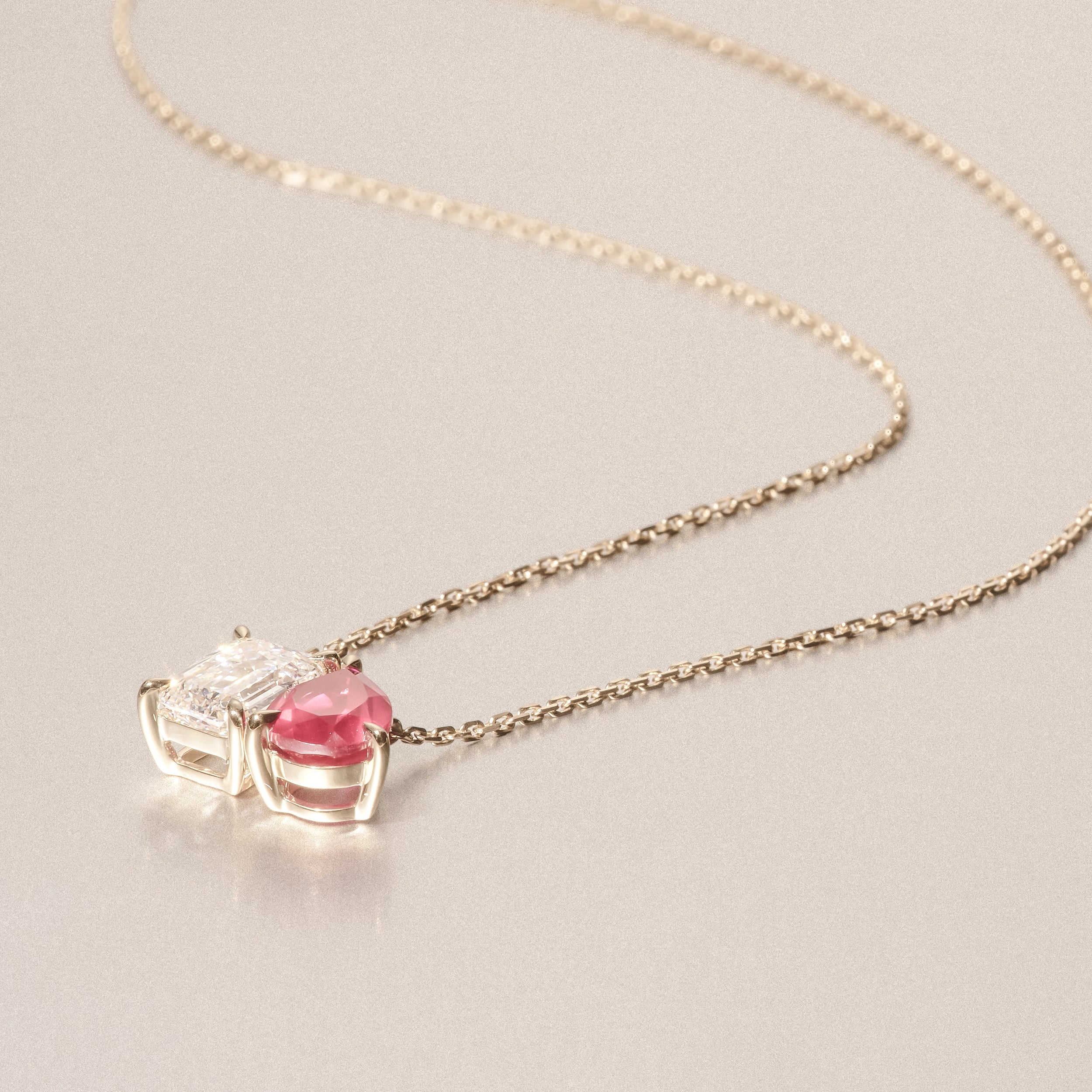 Toi Et Moi 1.50ct Emerald Cut Lab Diamond and 1.30ct Pear Lab Ruby Necklace in 18K Yellow Gold - Image 6