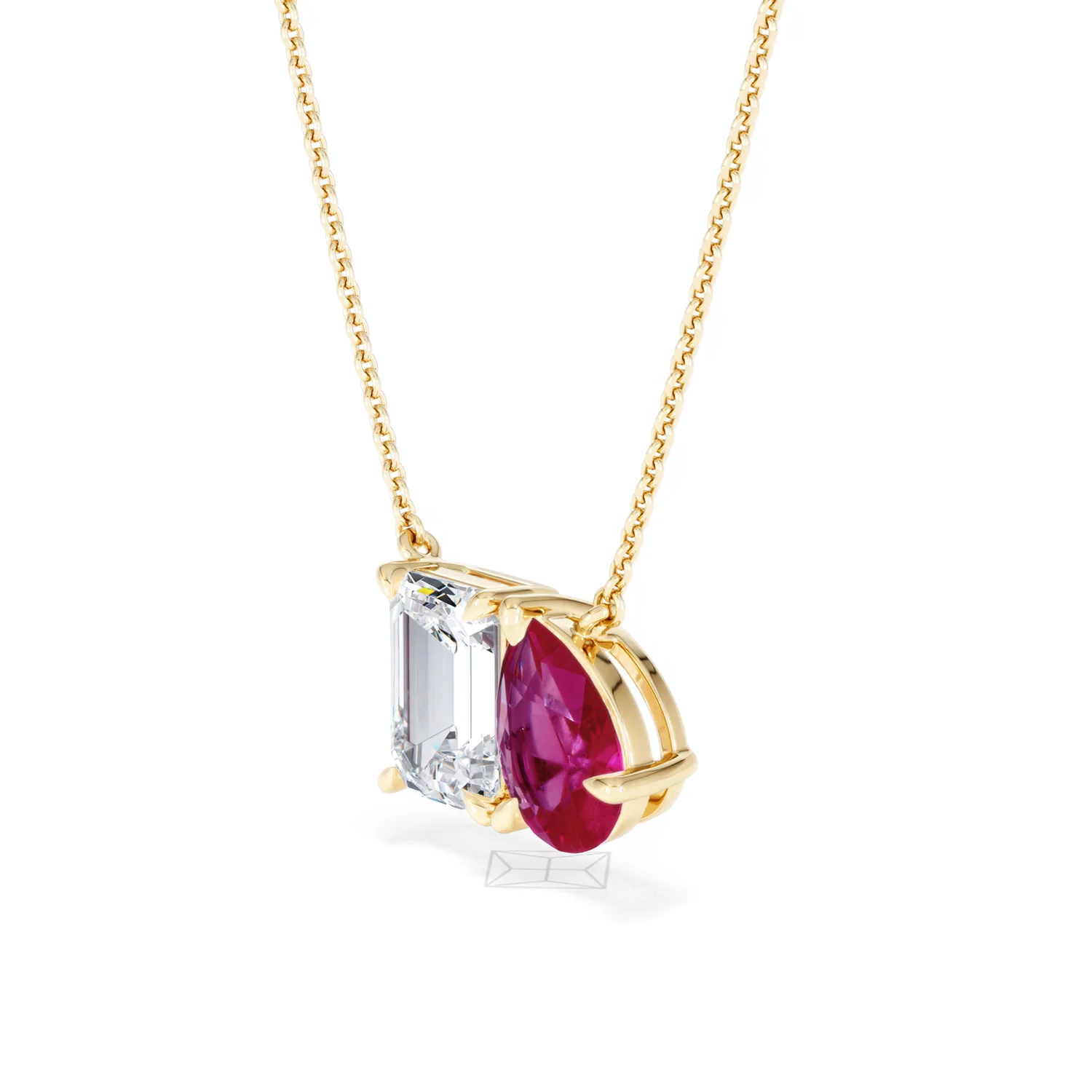 Toi Et Moi 1.50ct Emerald Cut Lab Diamond and 1.30ct Pear Lab Ruby Necklace in 18K Yellow Gold - Image 78