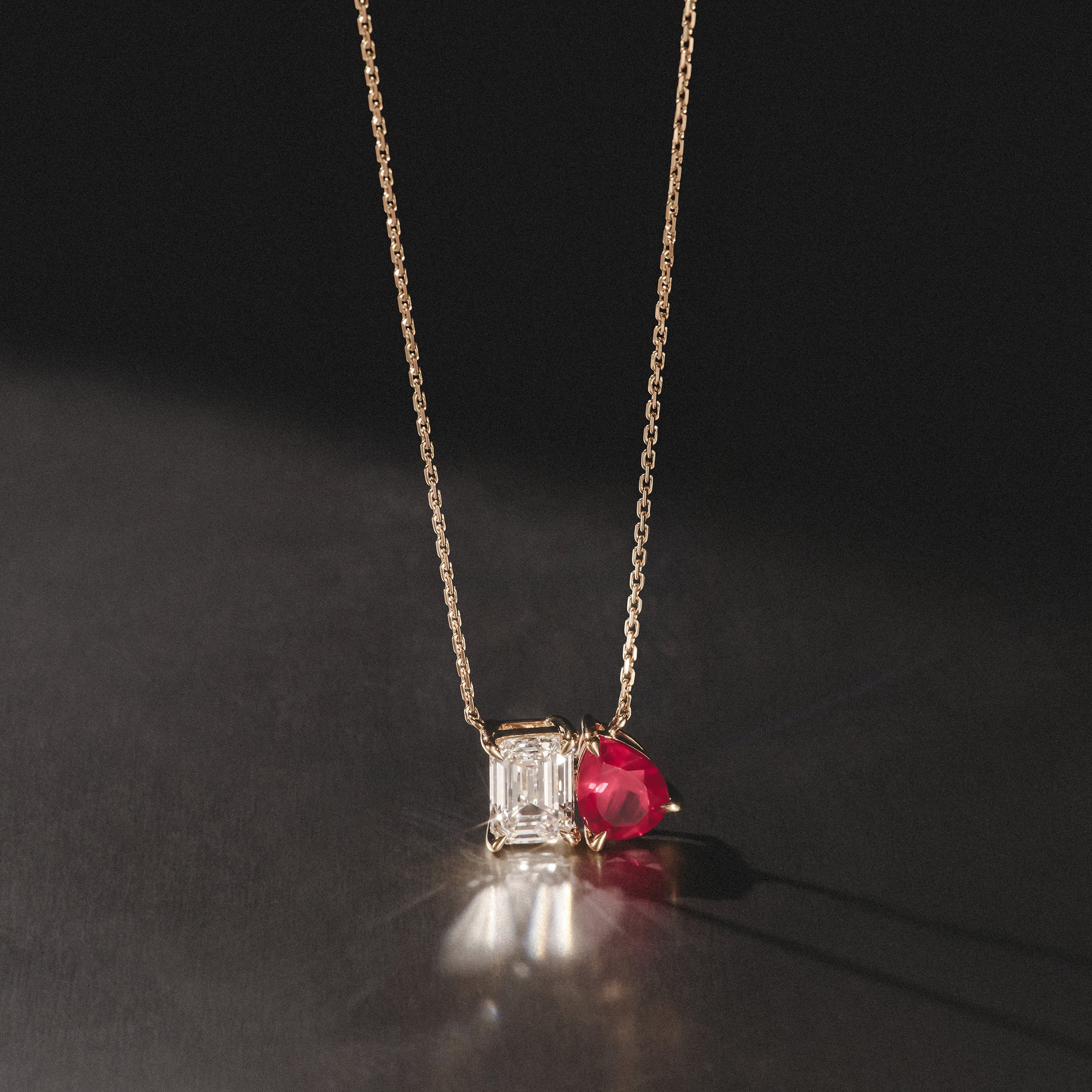Toi Et Moi 1.50ct Emerald Cut Lab Diamond and 1.30ct Pear Lab Ruby Necklace in 18K Yellow Gold - Image 8