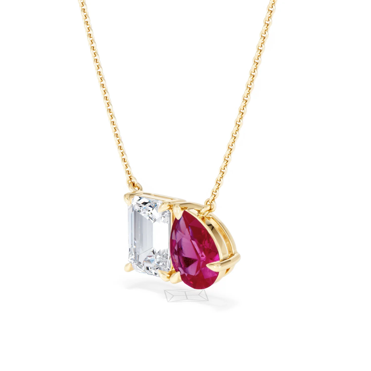 Toi Et Moi 1.50ct Emerald Cut Lab Diamond and 1.30ct Pear Lab Ruby Necklace in 18K Yellow Gold - Image 80
