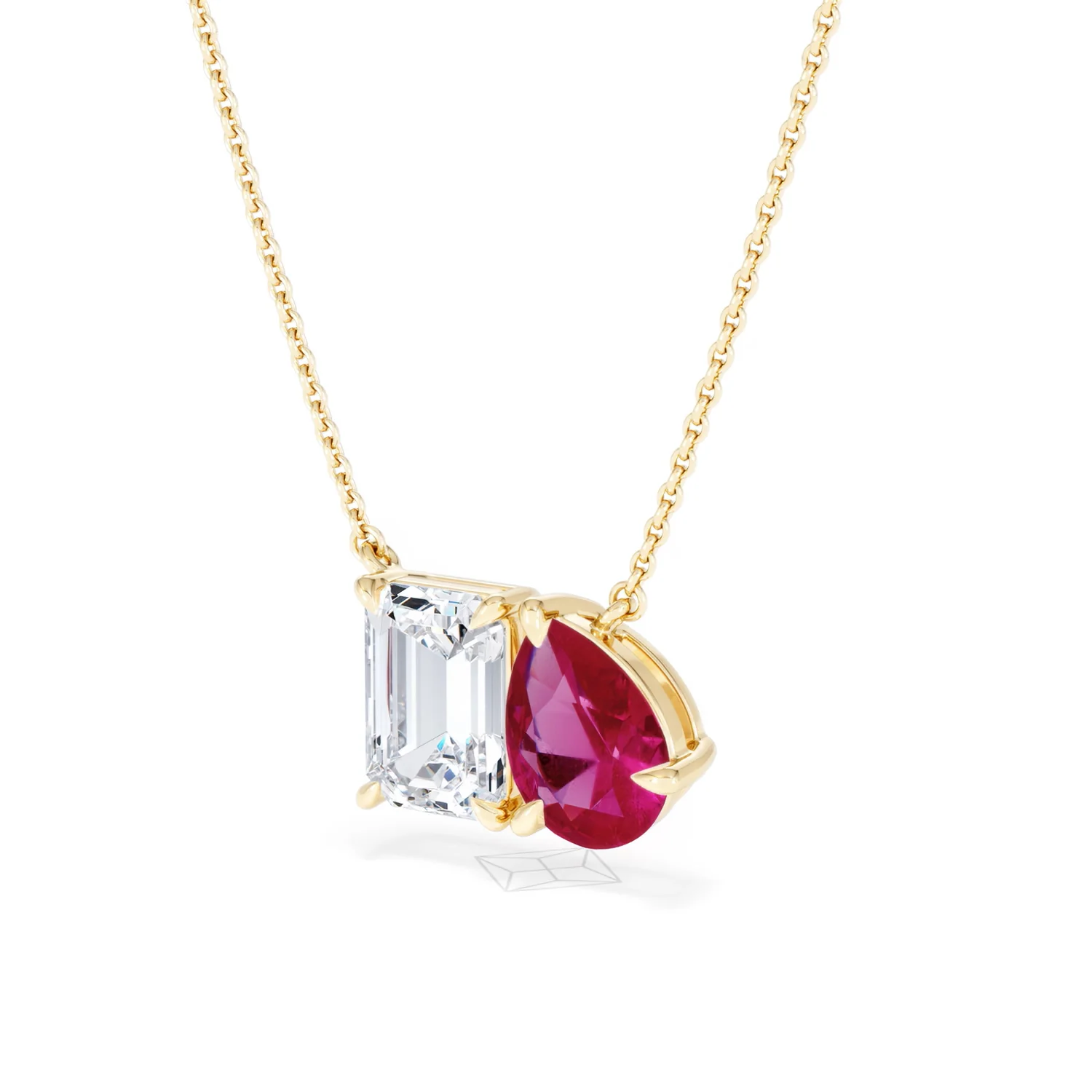 Toi Et Moi 1.50ct Emerald Cut Lab Diamond and 1.30ct Pear Lab Ruby Necklace in 18K Yellow Gold - Image 82