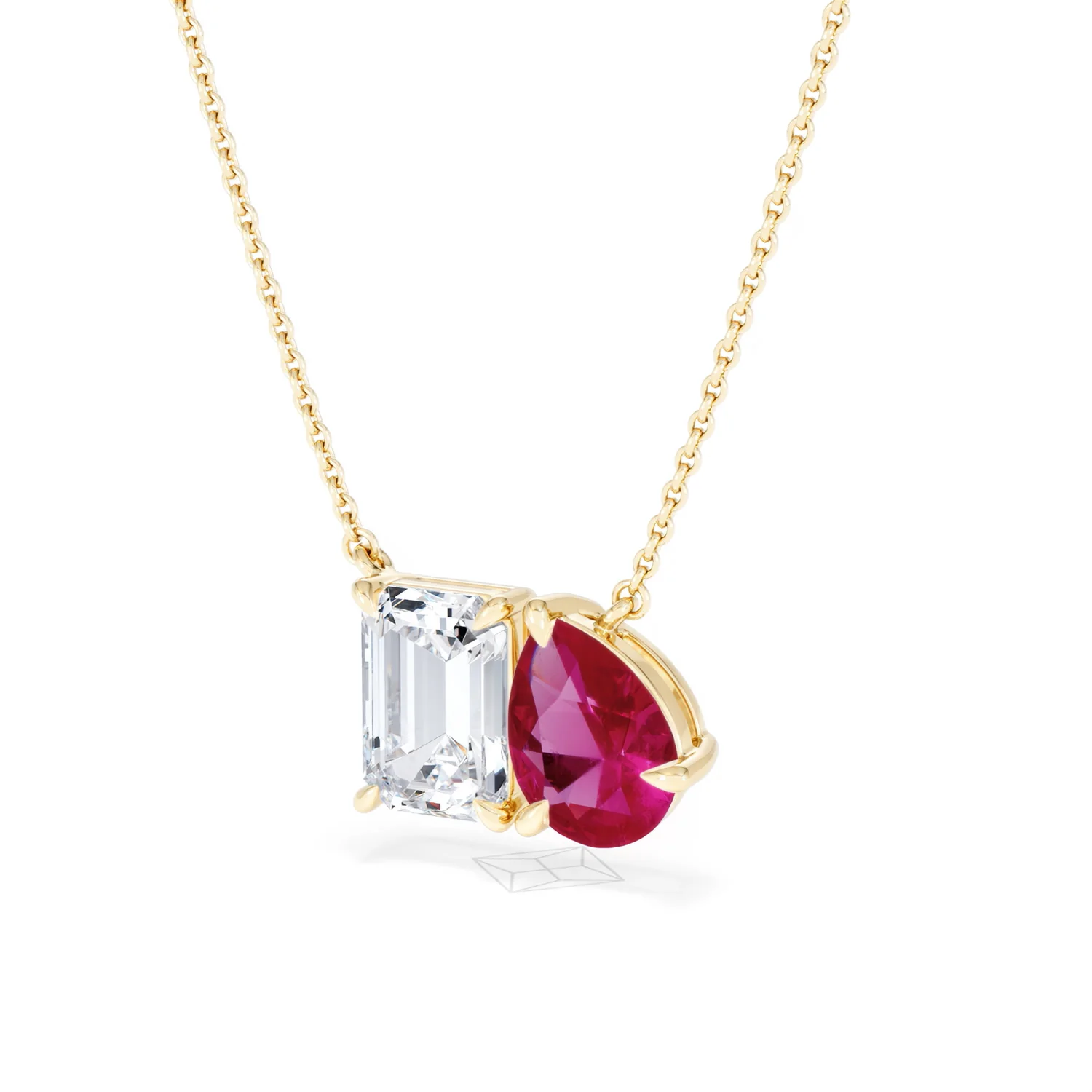 Toi Et Moi 1.50ct Emerald Cut Lab Diamond and 1.30ct Pear Lab Ruby Necklace in 18K Yellow Gold - Image 83