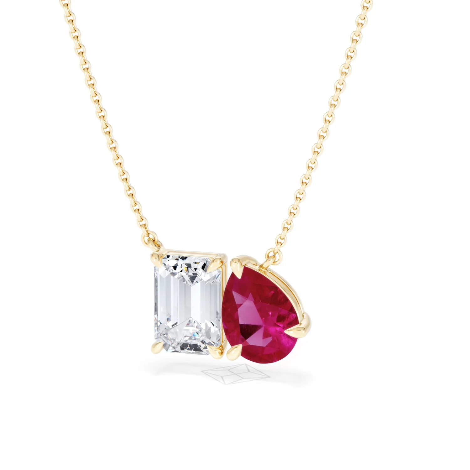 Toi Et Moi 1.50ct Emerald Cut Lab Diamond and 1.30ct Pear Lab Ruby Necklace in 18K Yellow Gold - Image 85