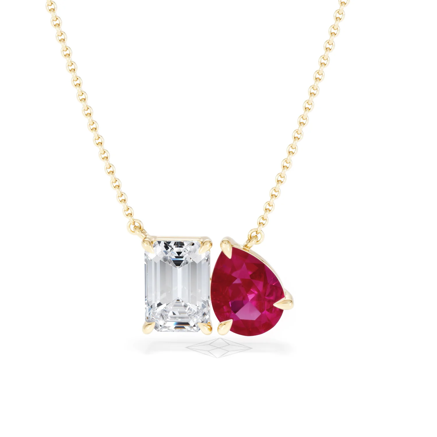 Toi Et Moi 1.50ct Emerald Cut Lab Diamond and 1.30ct Pear Lab Ruby Necklace in 18K Yellow Gold - Image 88